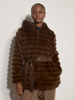 Tiered Fur Hooded Zip Coat Brown