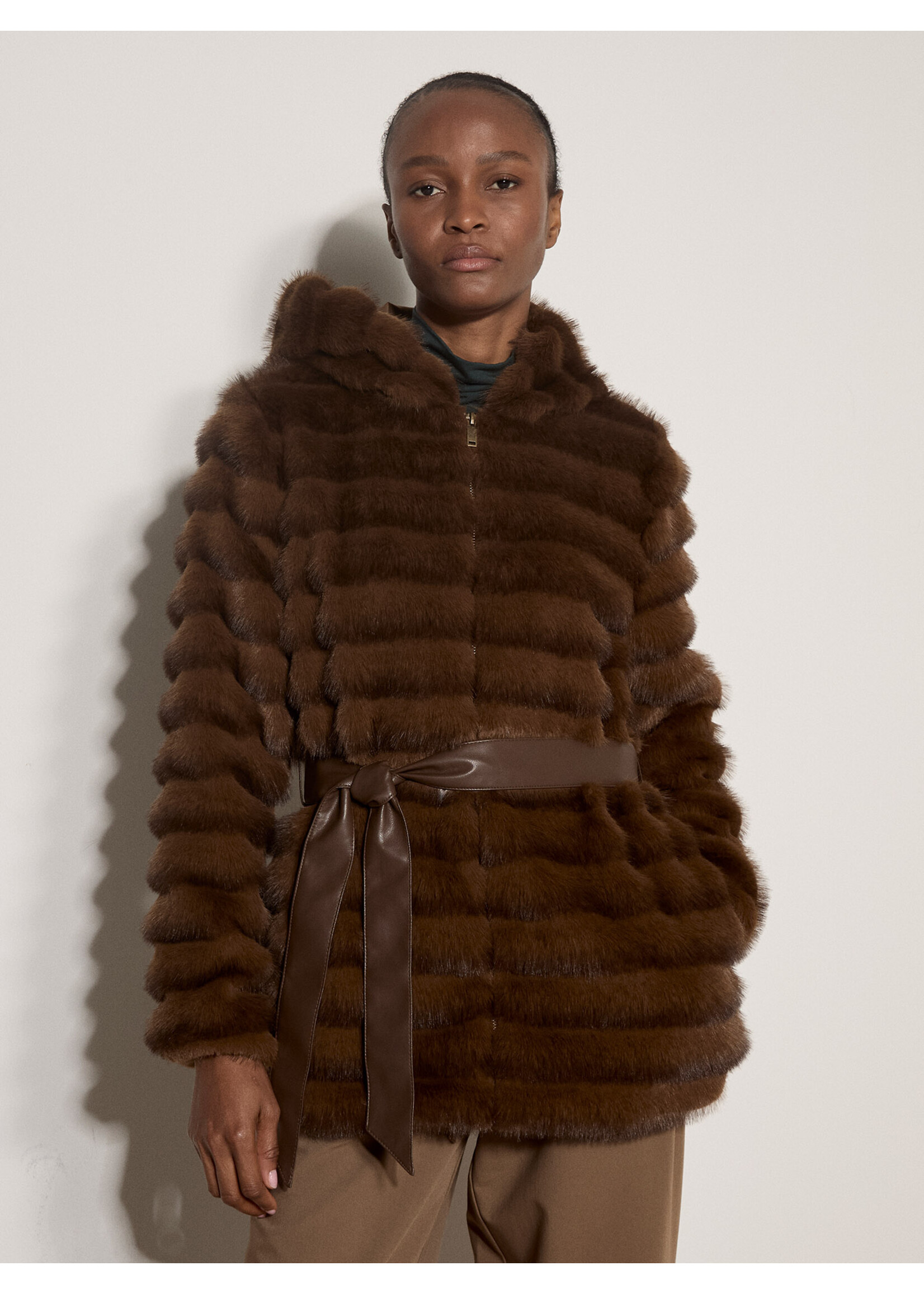 Tiered Fur Hooded Zip Coat Brown