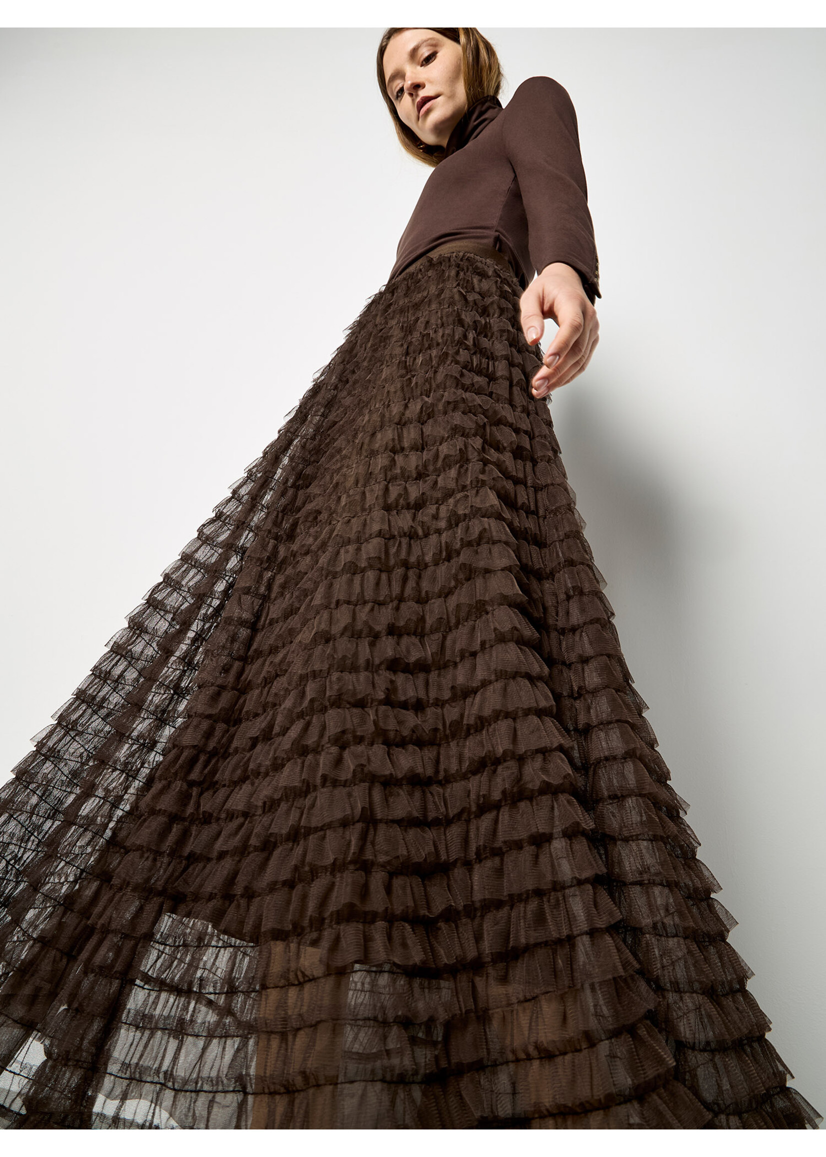 Multi Tiered Tulle Maxi Skirt Brown
