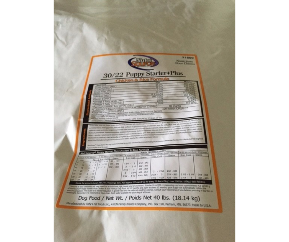 NutriSource Puppy Starter White Bag Dry Dog Food 40lbs The