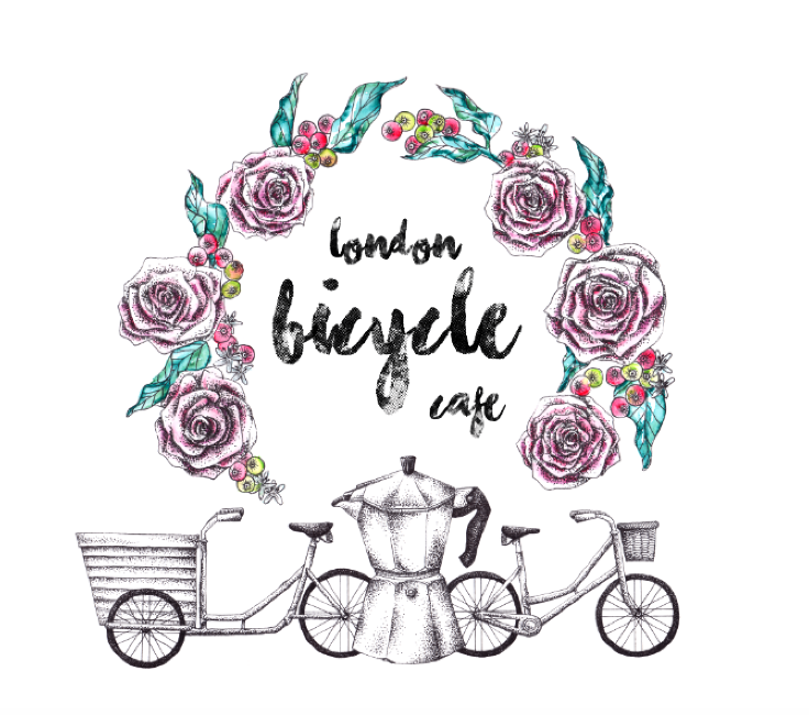 The London Bicycle Cafe logo: a wreath of coffee branches with coffee cherries on it hovers over the shop name under which is a bakfiets and a step through bike with a stovetop espresso maker in between.