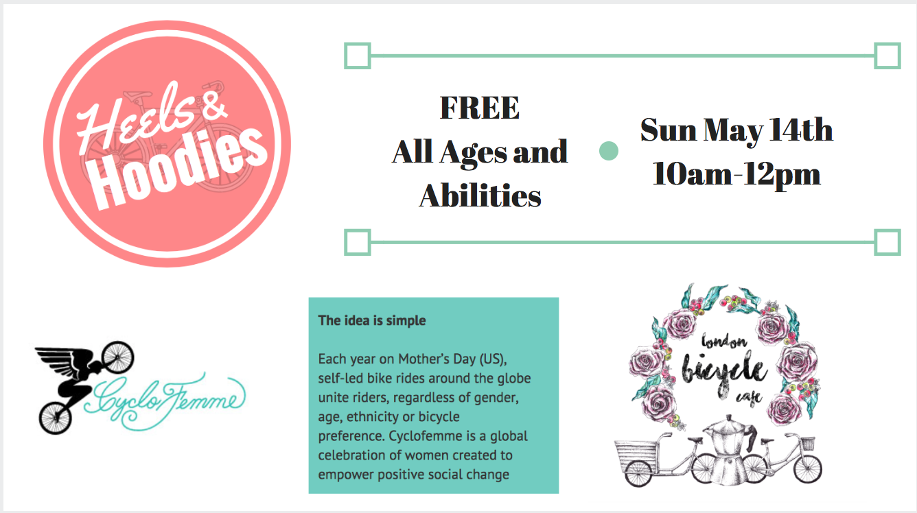 Details about the Mother's Day ride, text: "Each year on Mother's Day (US) self-led bike rides around the globe unite riders, regardless of gender, age, ethnicity, or bicycle preference. Cyclofemme is a celebration of women created to empower positive social change"