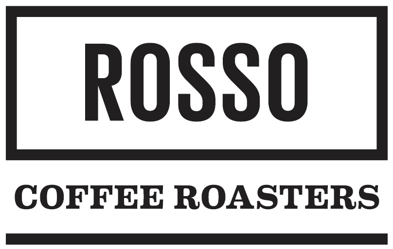 Text and logo: "Rosso, coffee roasters"