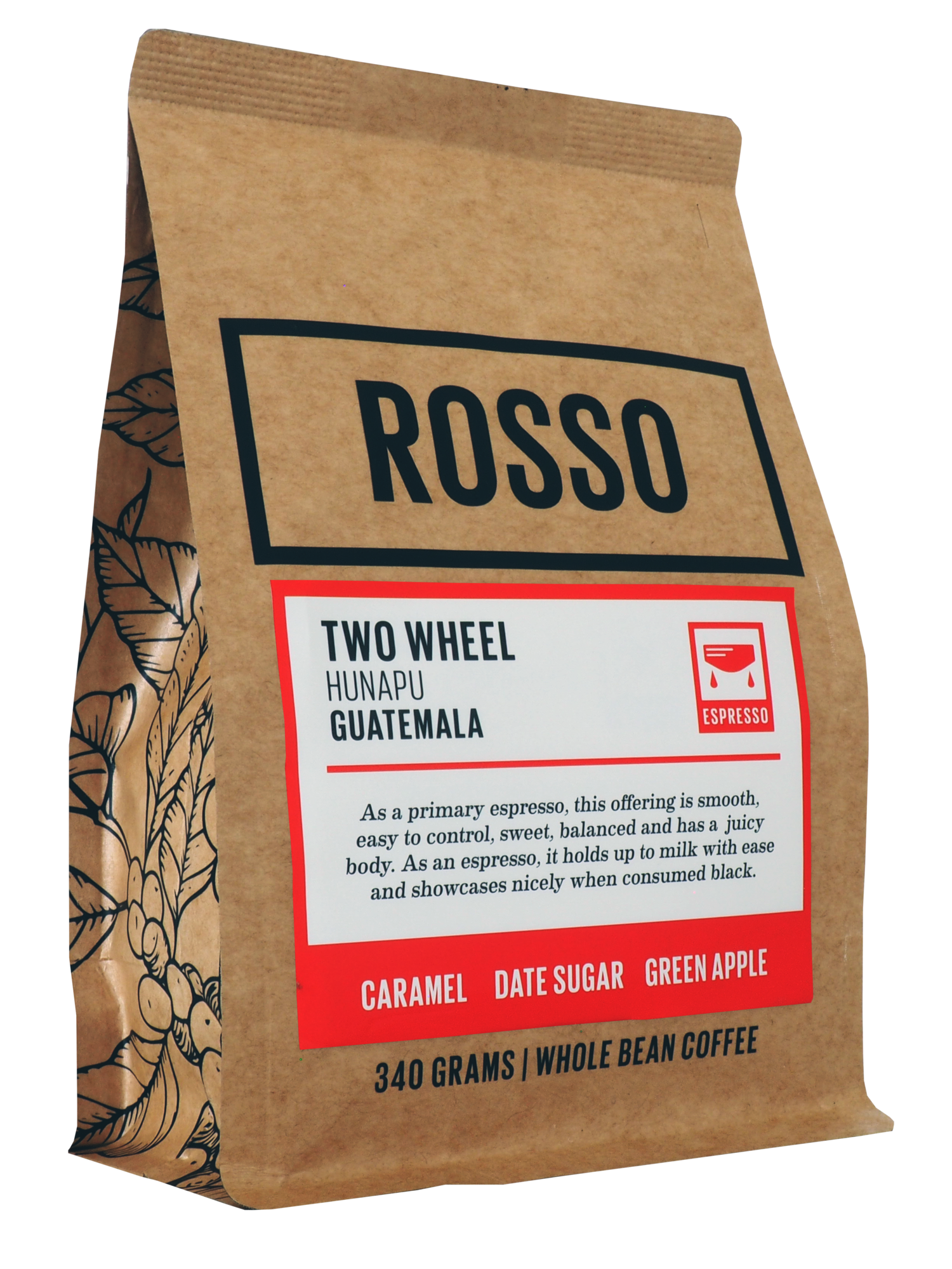 A bag of Rosso's Two Wheel coffee from Hunapu, Guatamala