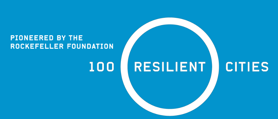 White text on a blue background: "Pioneered by the Rockerfeller Foundation. 100 Resilient Cities."