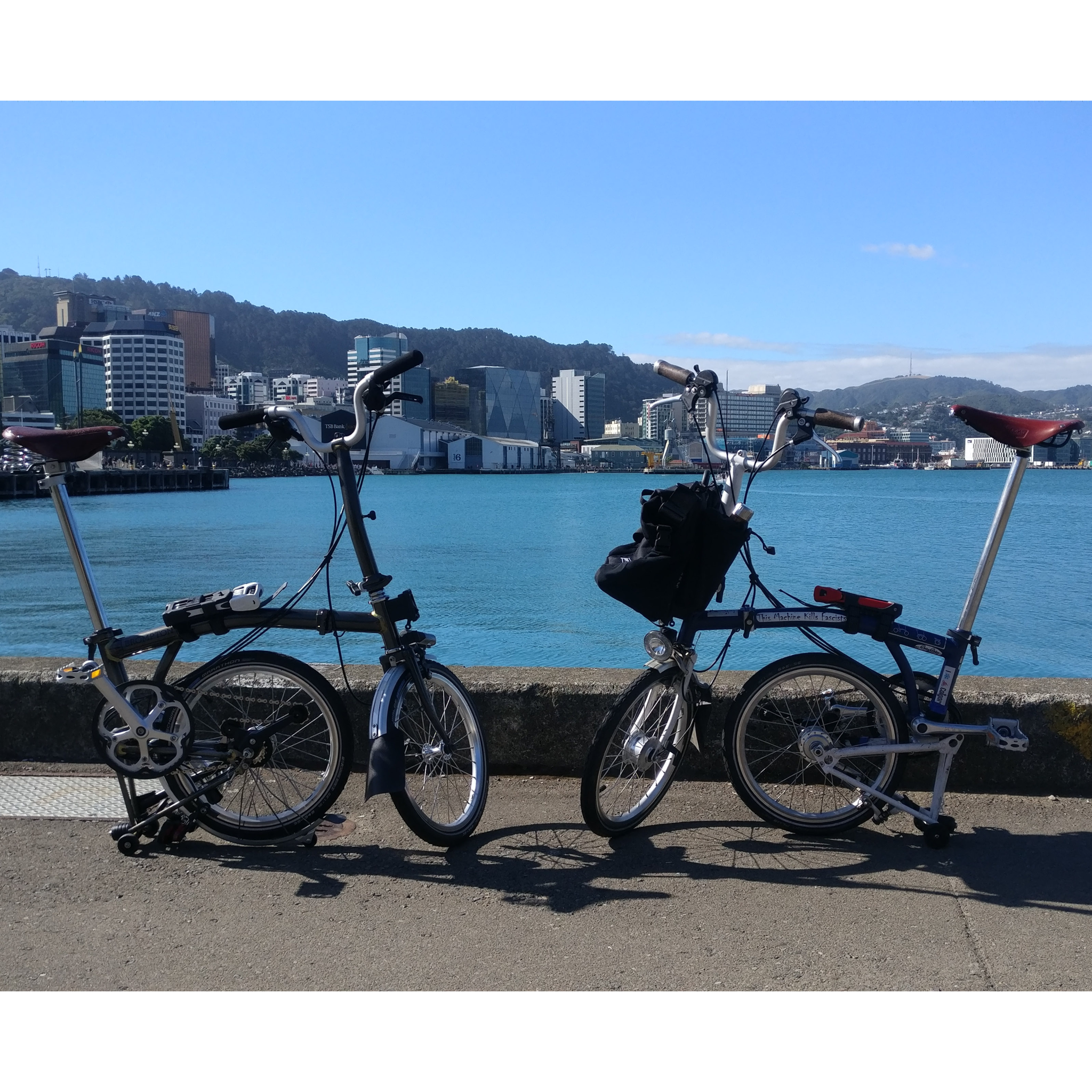 Two Brompton bikes beyond which is a waterfront skyline.