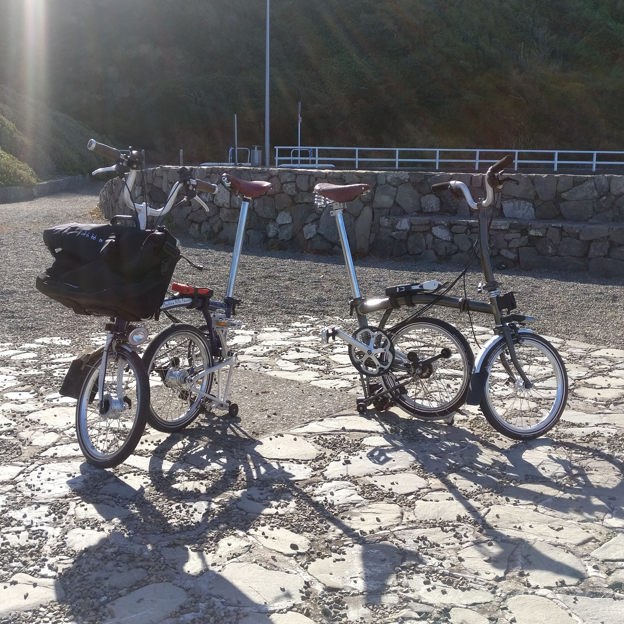 Two Bromptons take a rest on a sunny bike trail.