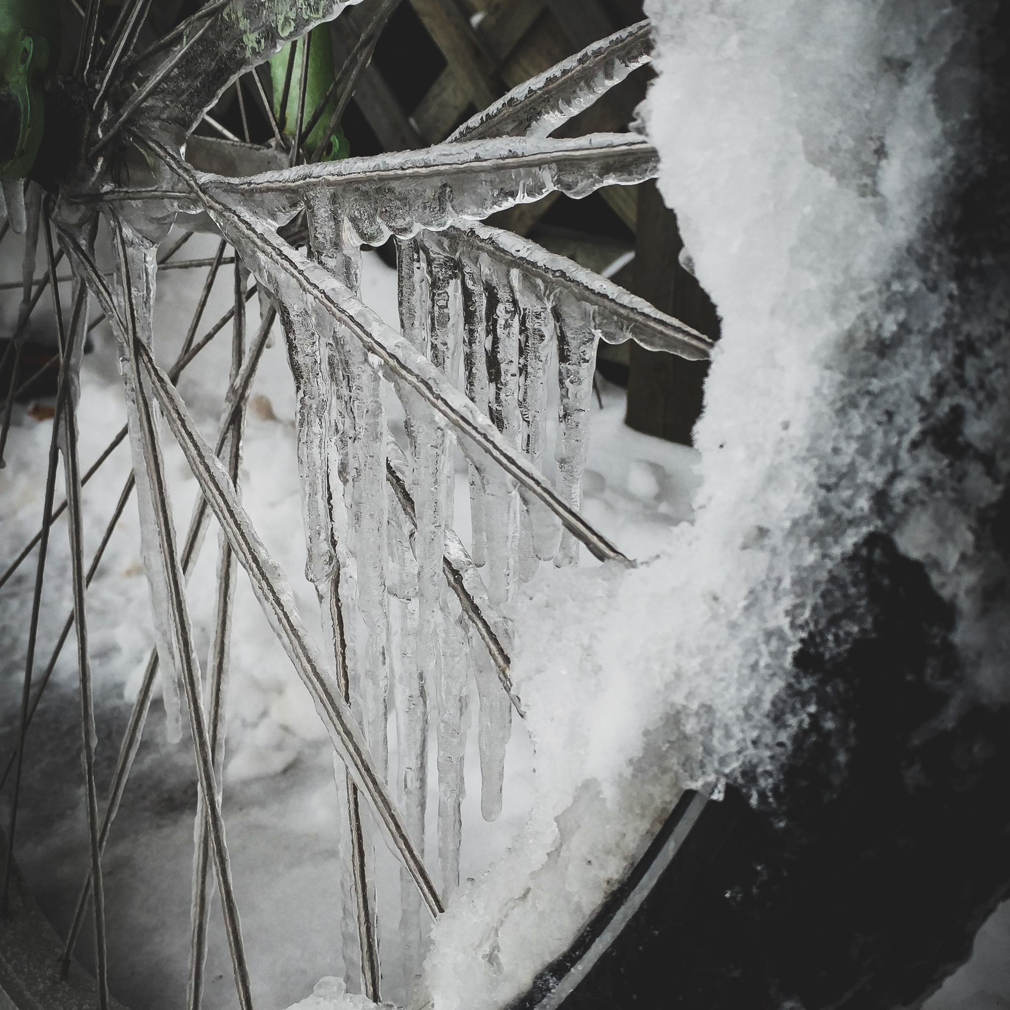 A frosty winter bicycle tire covered in ice.