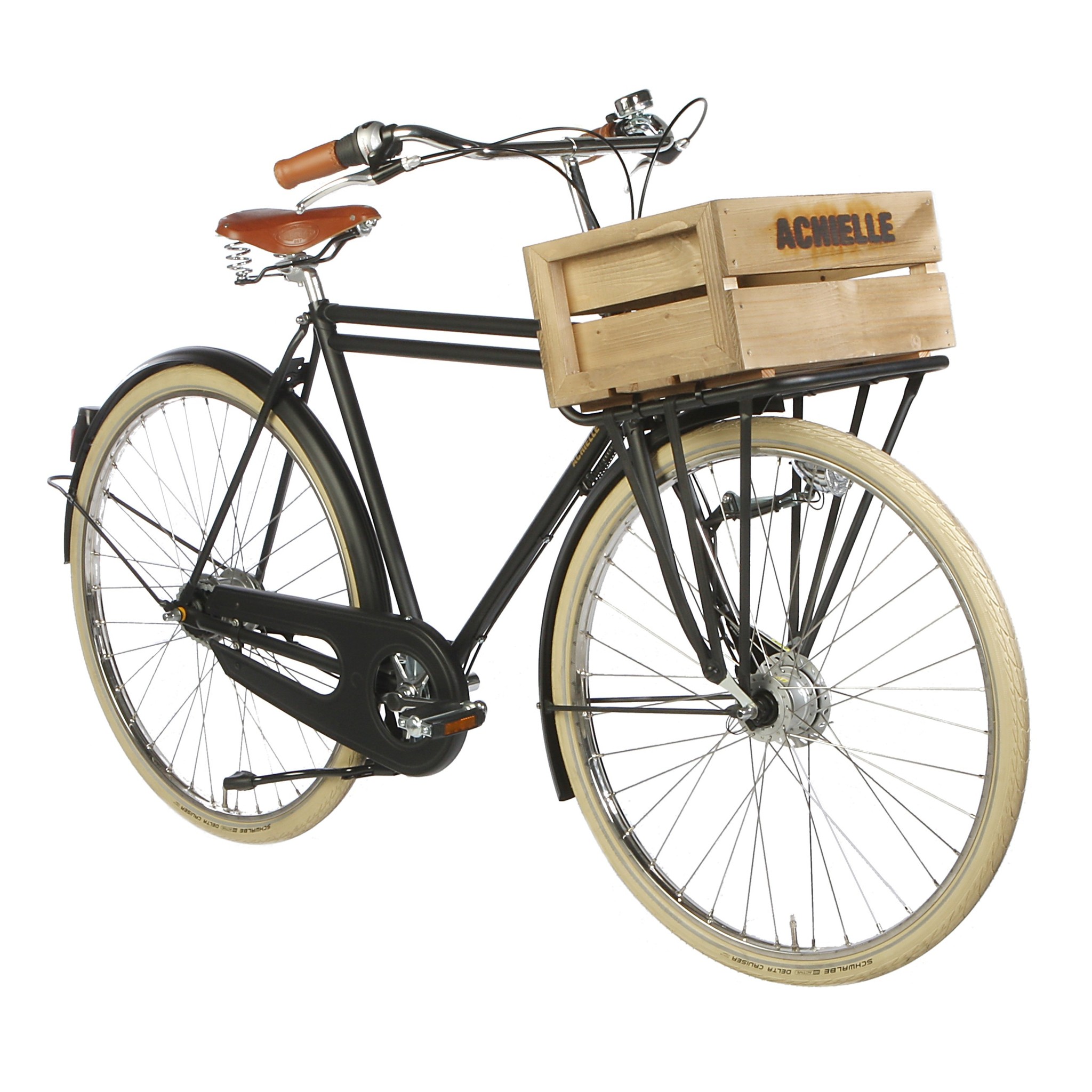 An Achielle step through bicycle with a large branded crate on the front rack.