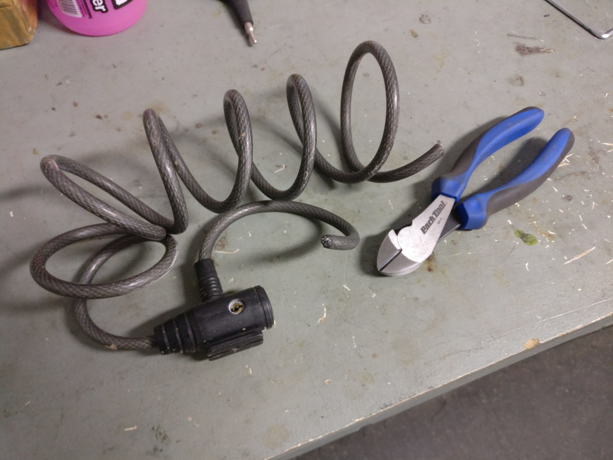 A cable lock, cut, next to a pair of cutters.