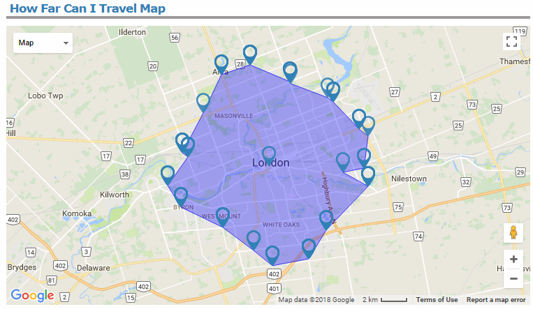 how far can I bike in 20 minutes in London, Ontario.