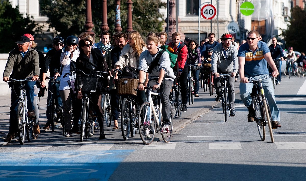 A varied group of people on bicycles wait for a light to change.