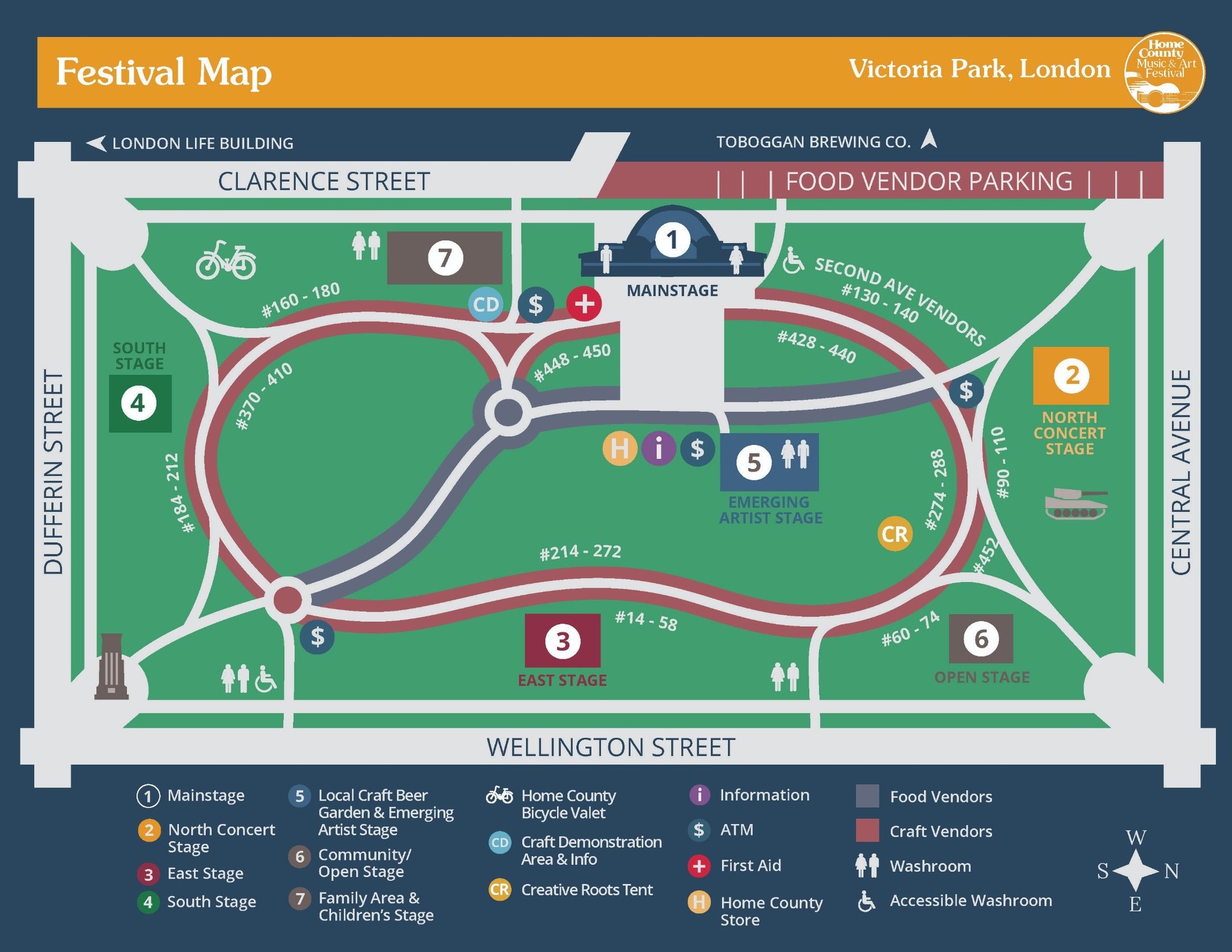 A map of where things are located in Victoria Park for the Home County Music and Arts Festival 