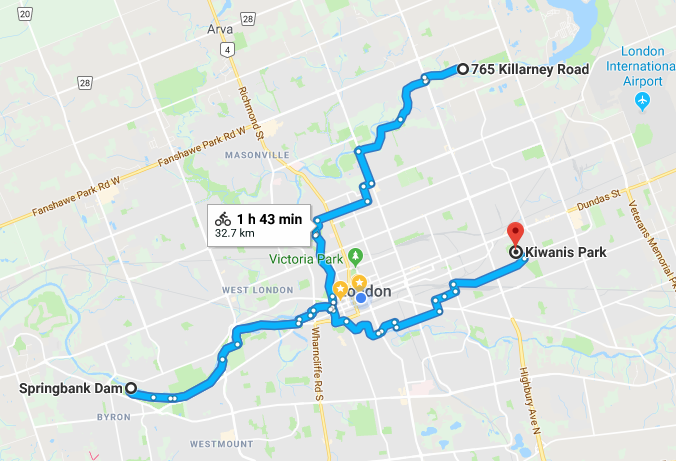 Map of Thames Valley Parkway trails you might take inside the city.