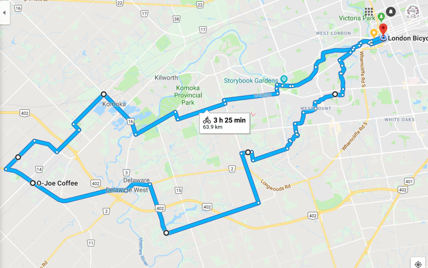 Map of half day ride to and back from Mount Brydges.