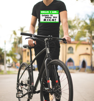 A cyclists stands behind a bike and his shirt says "Hello, I am going to make you rich"