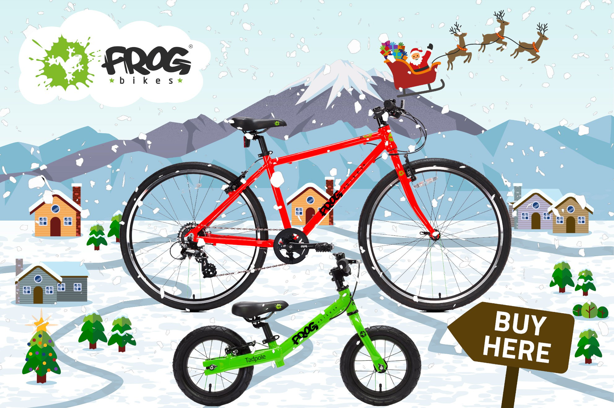 Frog bikes illustrated on a snowy wintery background
