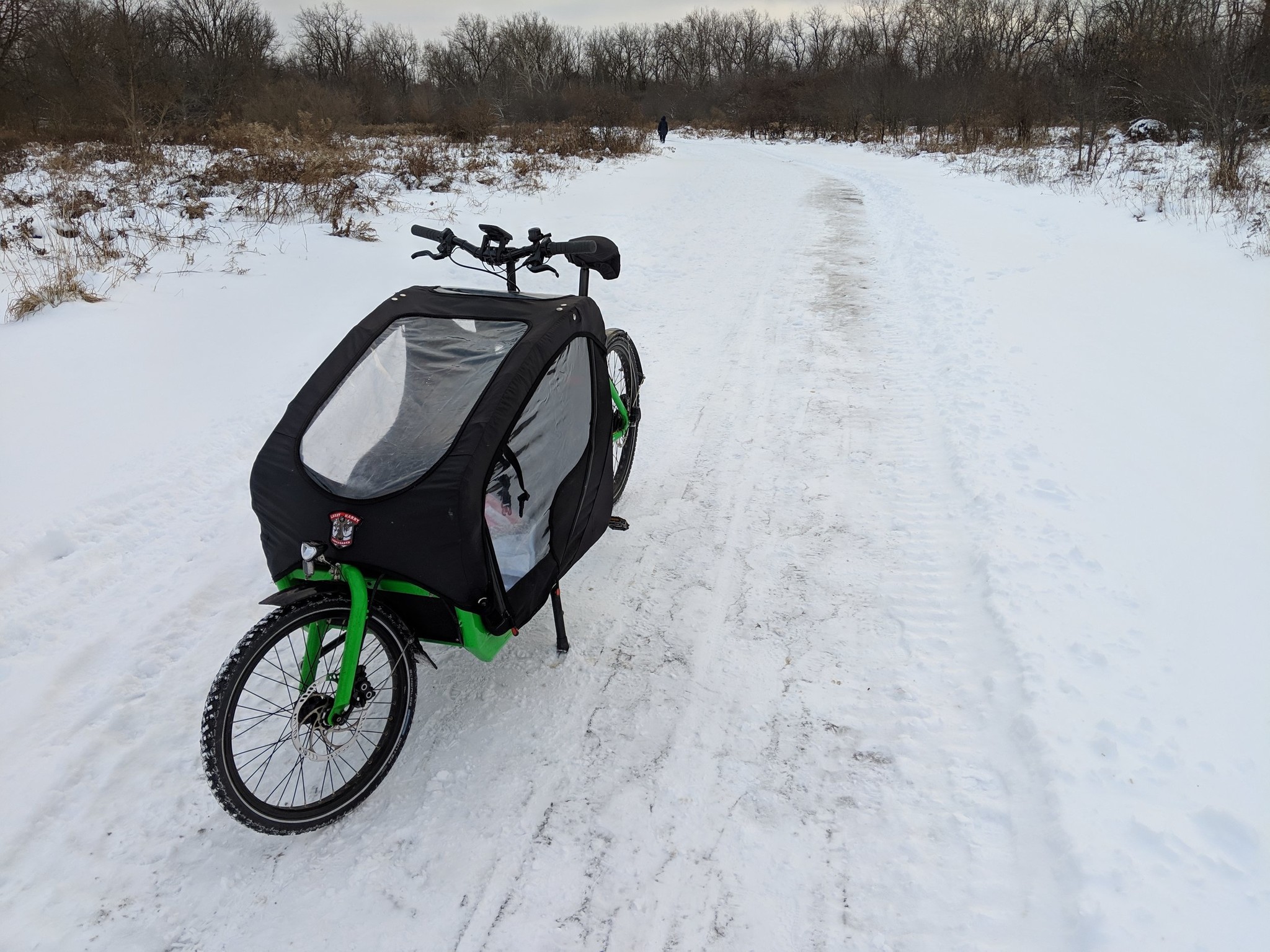 A green Bullitt long john bicycle sits on a packed snowy path, wintery brush on either side.