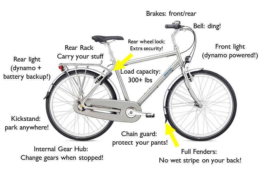 A Breezer roaster style bike with arrows identifying various parts of the bike.