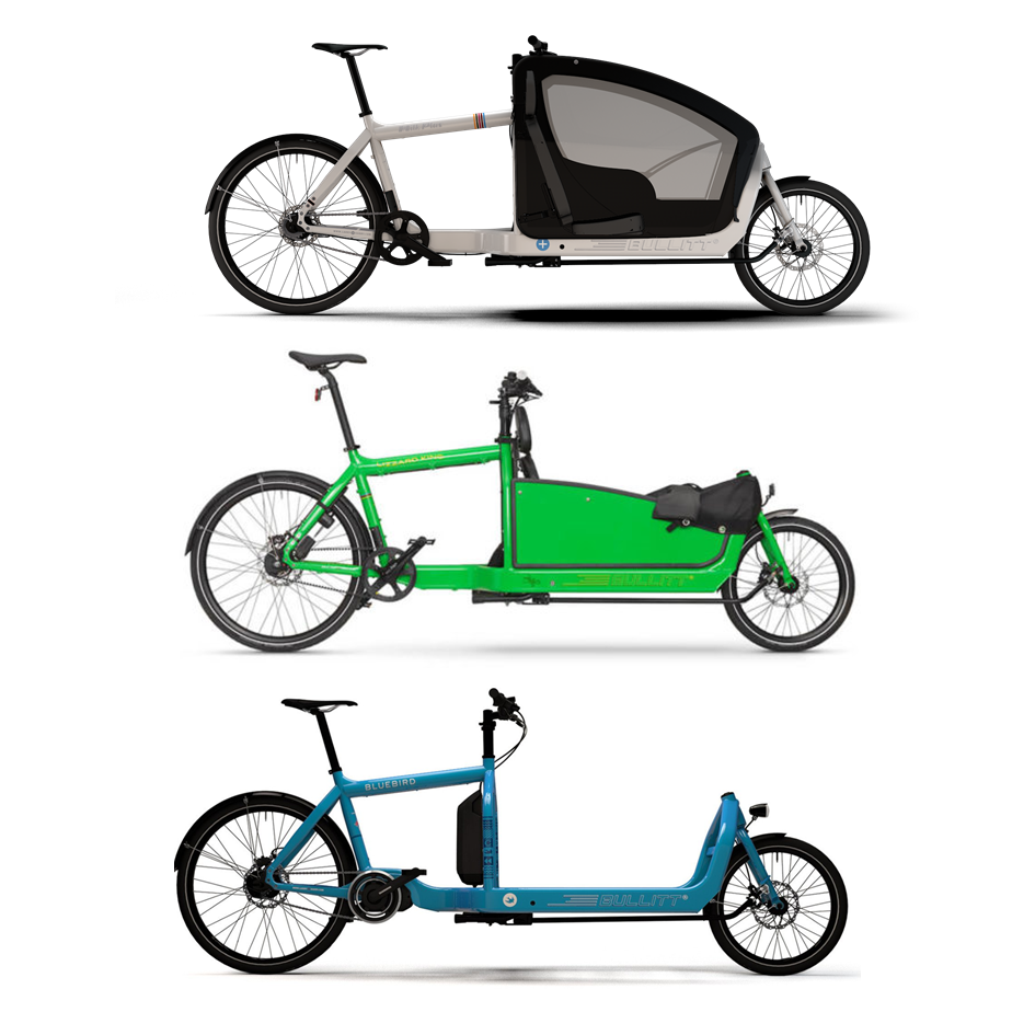 Three Bullitt long john style cargo bike's with different front box configurations.