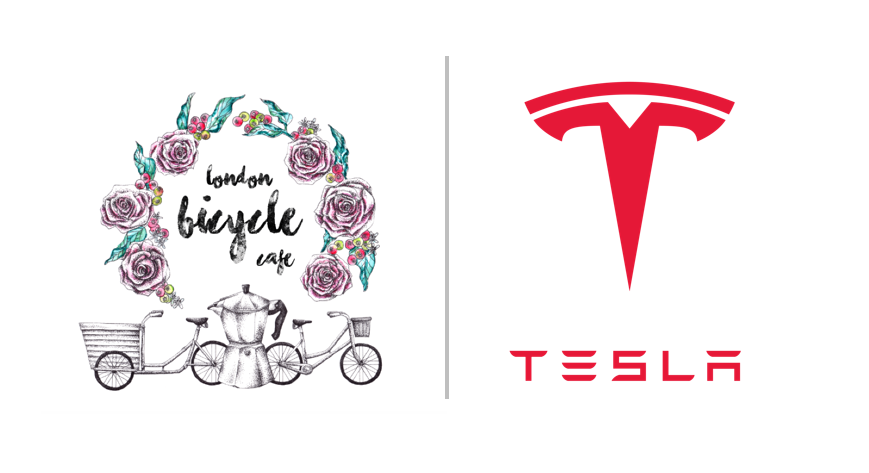 The London Bicycle Cafe logo next to the Tesla logo