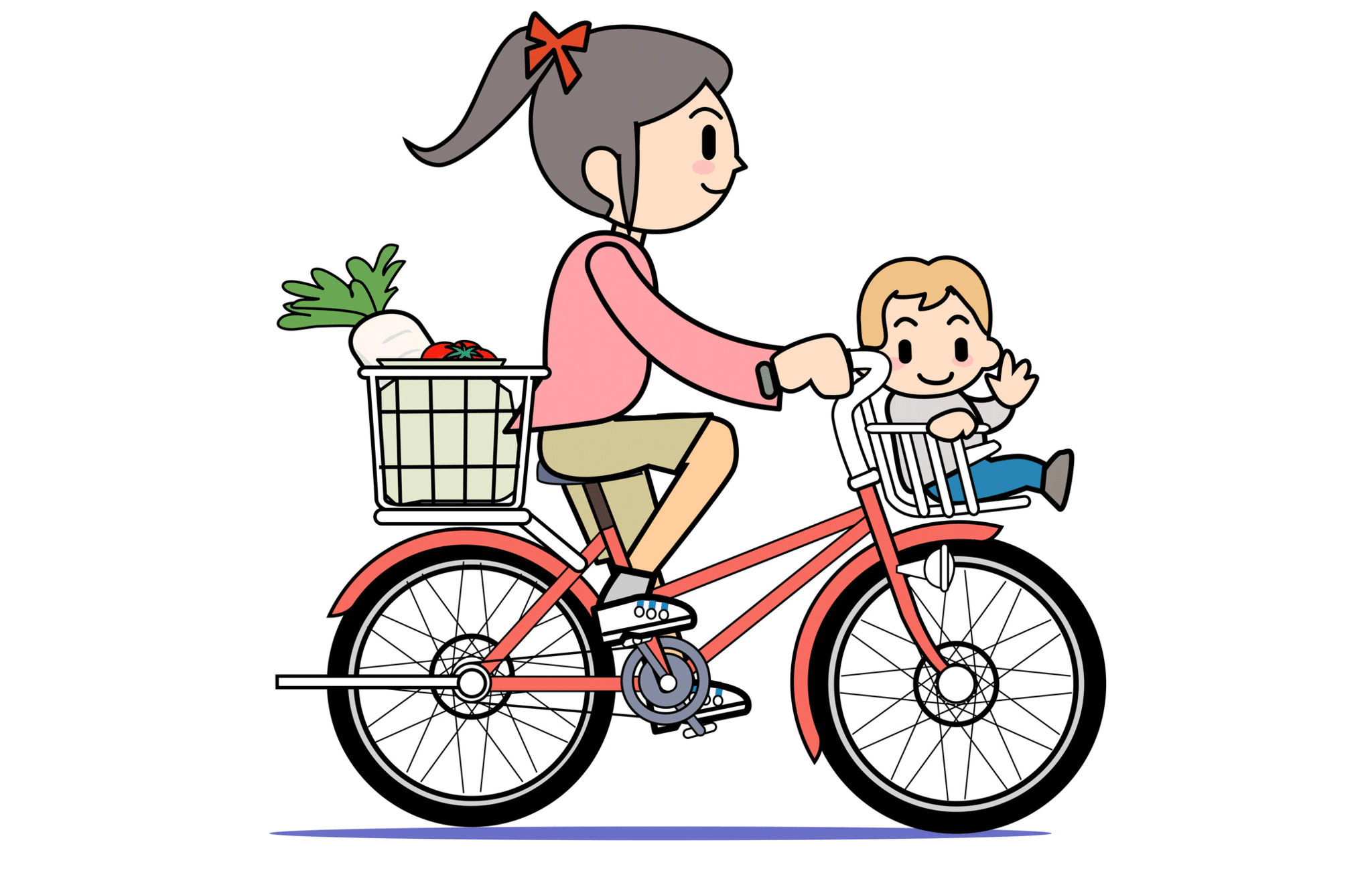 Illustration of a person with a ponytail carrying a waving child on the back seat of their bicycle as they ride.