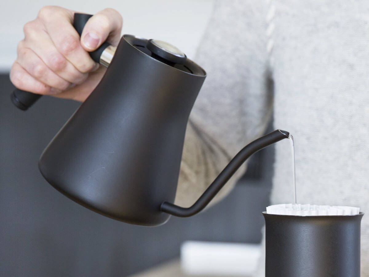 A Stagg pourover kettle in use.