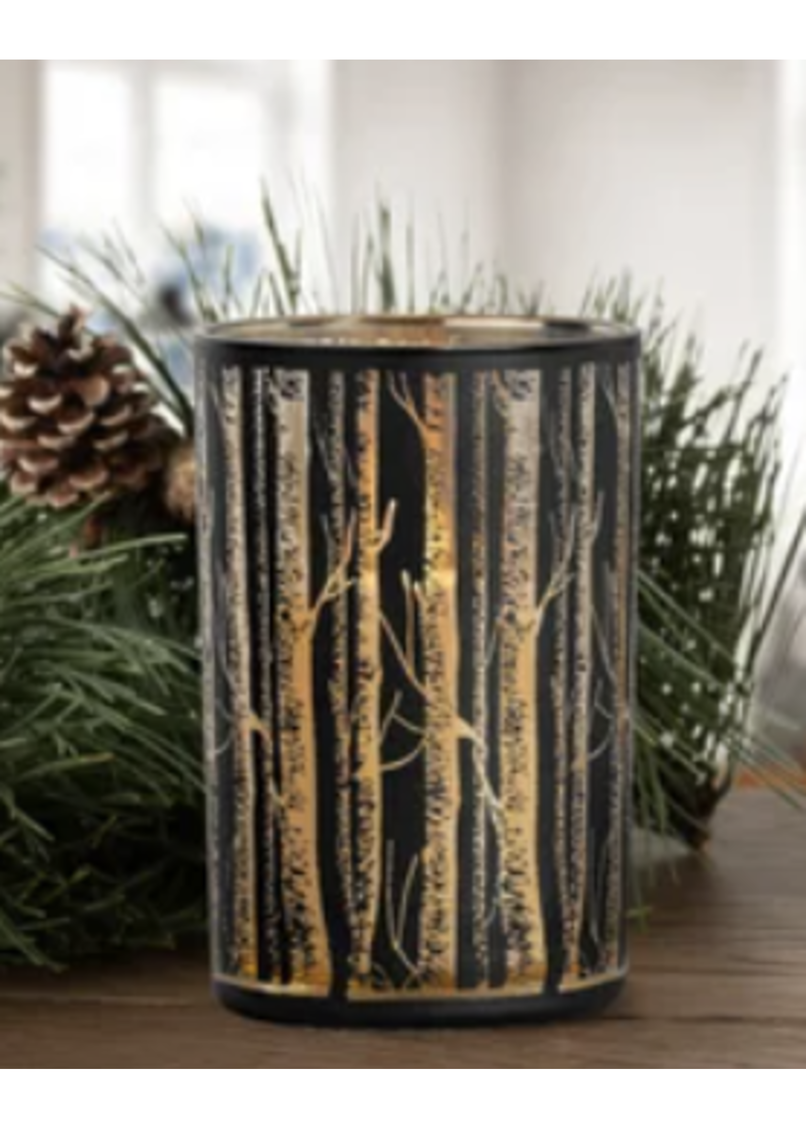 Torre & Tagus Birch Tree Silhouette Black & Gold Mirror 4.5x7" Glass hurricane Vase Votive Large