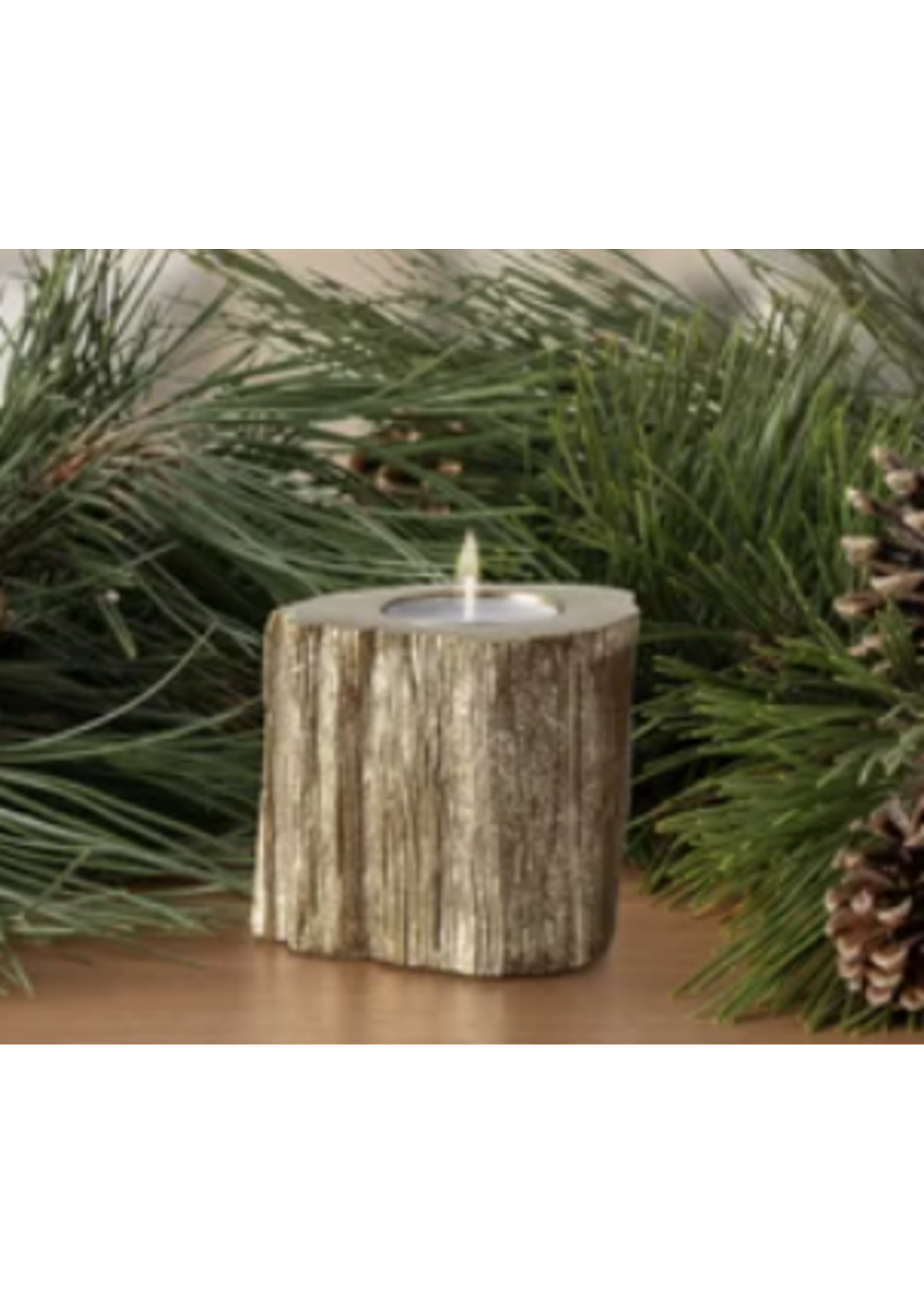 Torre & Tagus Woodland Golden Stump Aluminum Tealight Holder small 3H"