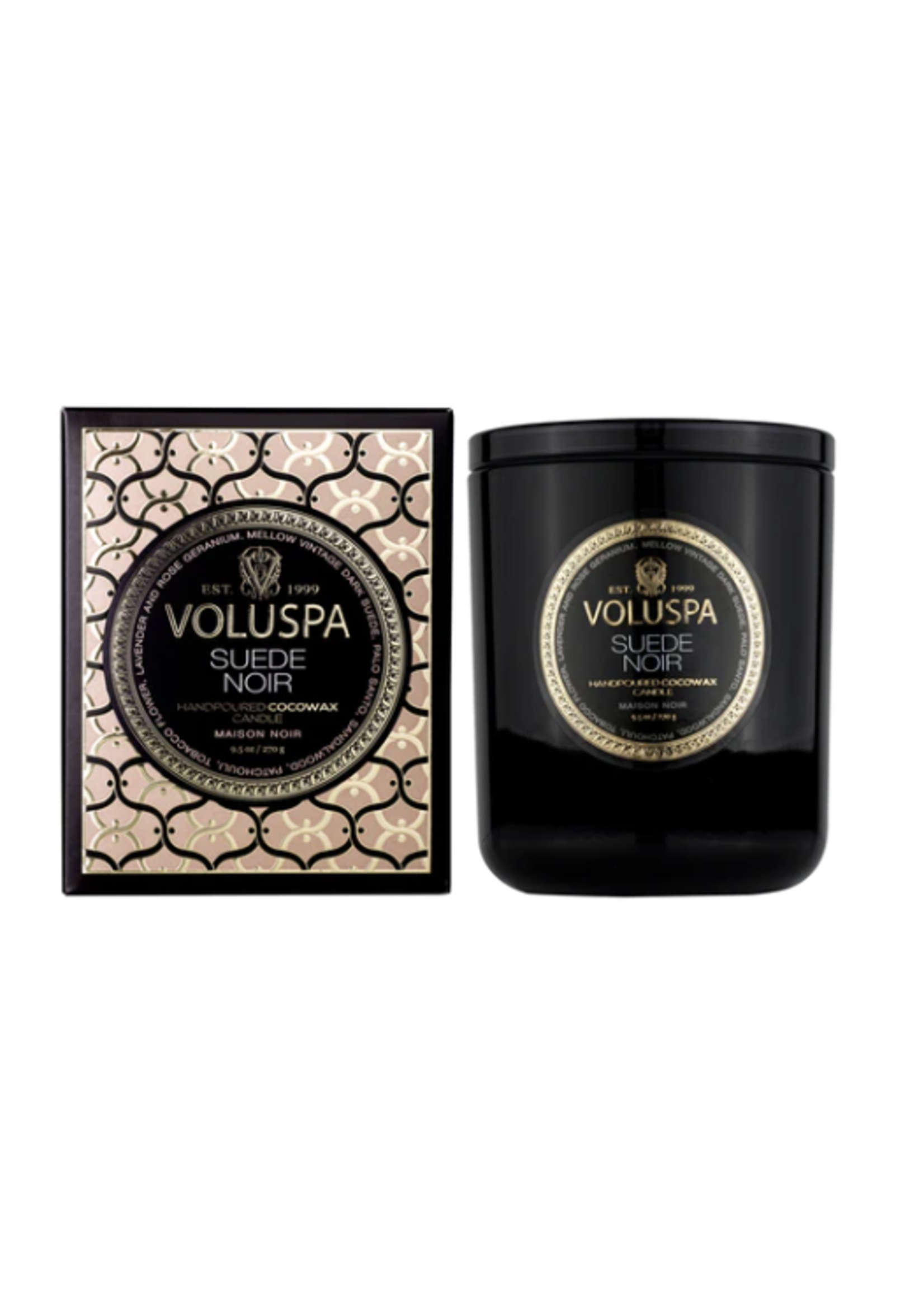 Voluspa Suede Noir 9.5oz Classic  Box  Candle