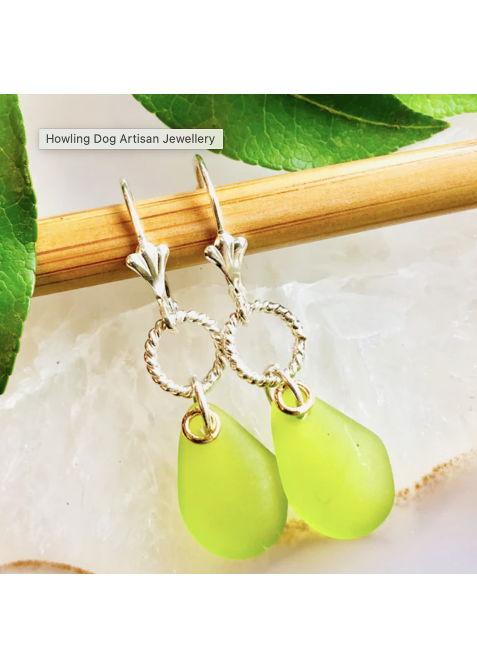 Howling Dog Artisan Jewellery Howling Dog Single Pebble Seaglass Earrings - Lime
