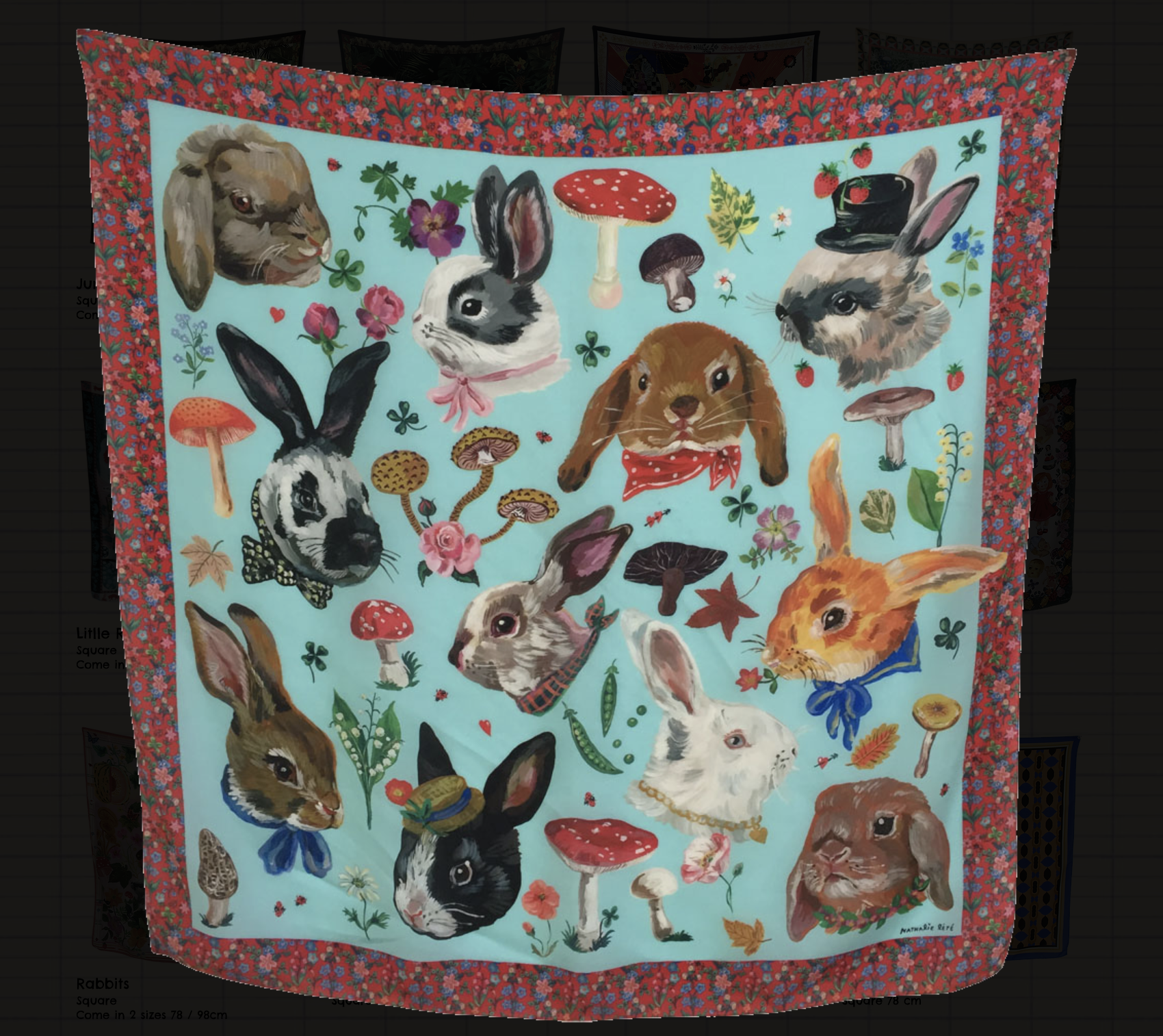 Nathalie Leté Silk Scarf: Blue Rabbit Heads 98 cm