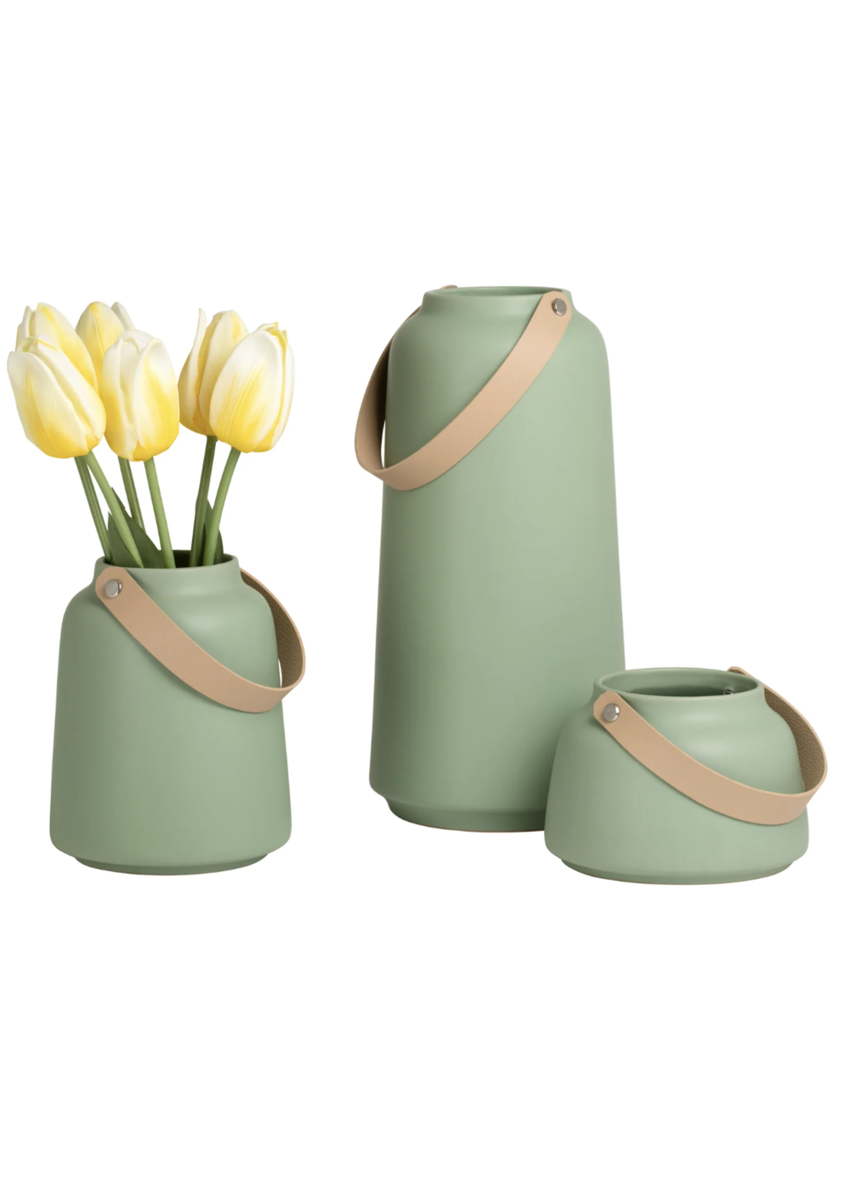 Torre & Tagus Lido Matte Green Ceramic 6H" Vase w/ Faux Leather Handle