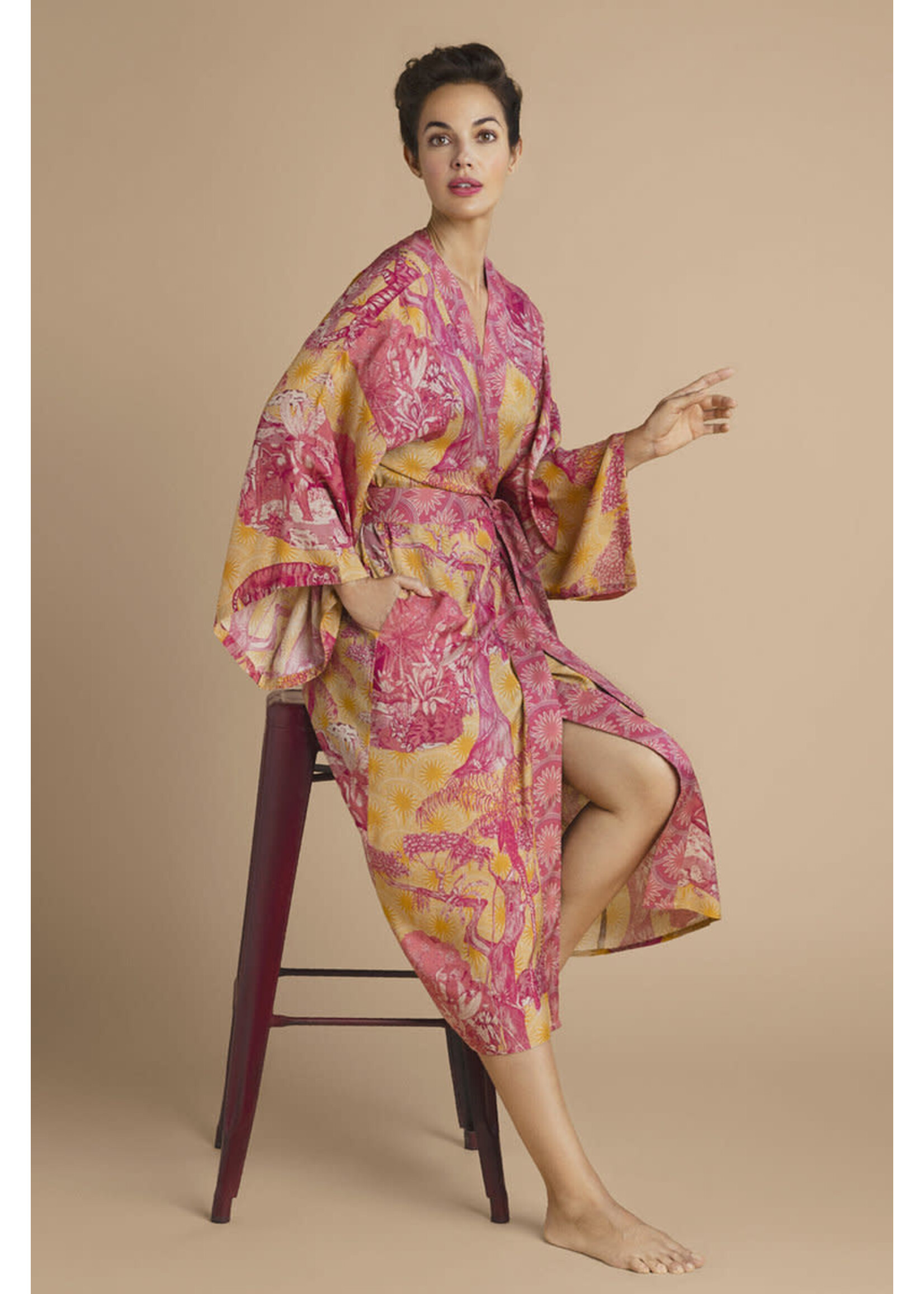 Powder UK Powder Tropical Toile Kimono Gown - Pineapple and Raspberry