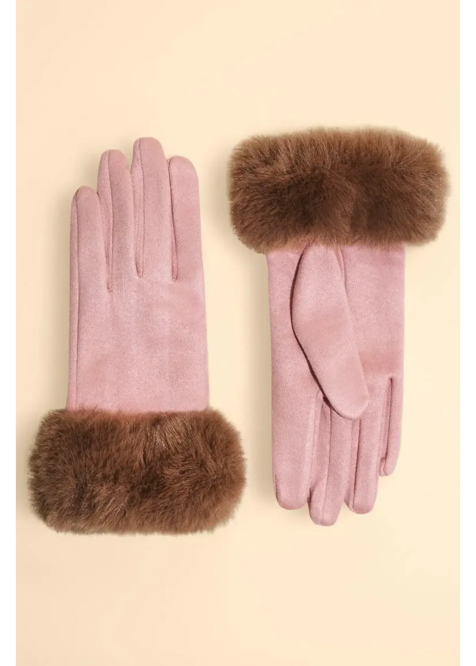 Powder UK Powder Bettina Sueded & Faux Fur Cuff Gloves -  Petal/Teddy