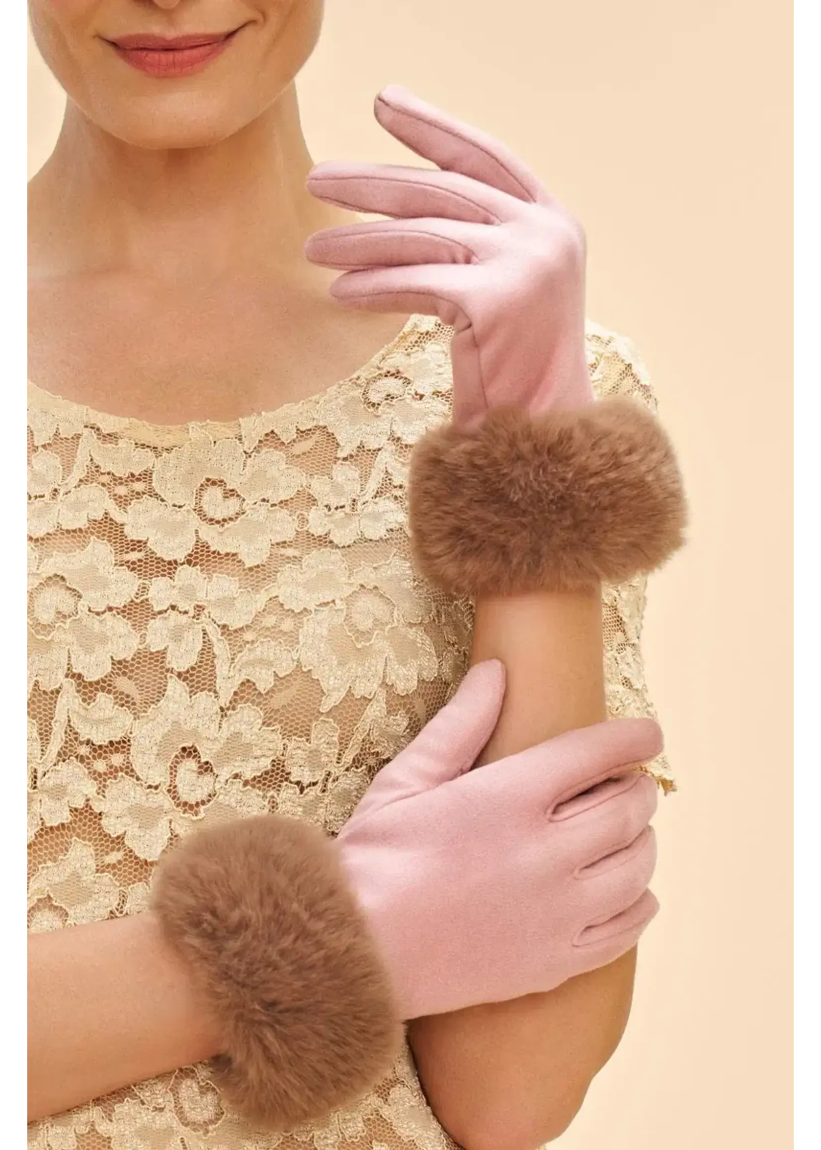 Powder UK Powder Bettina Sueded & Faux Fur Cuff Gloves -  Petal/Teddy