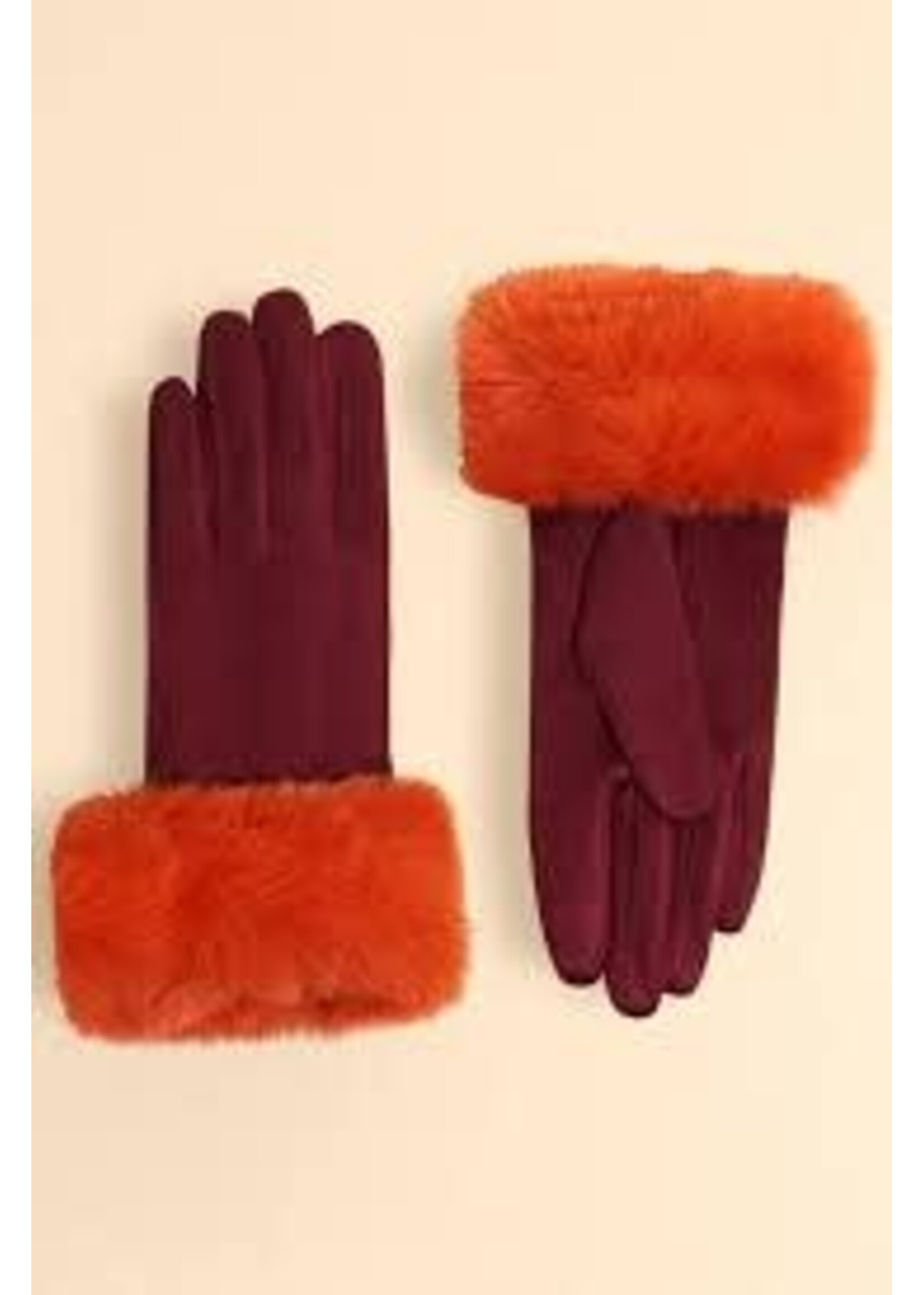 Powder UK Powder Bettina Sueded & Fur Gloves -  Burgundy/Tangerine