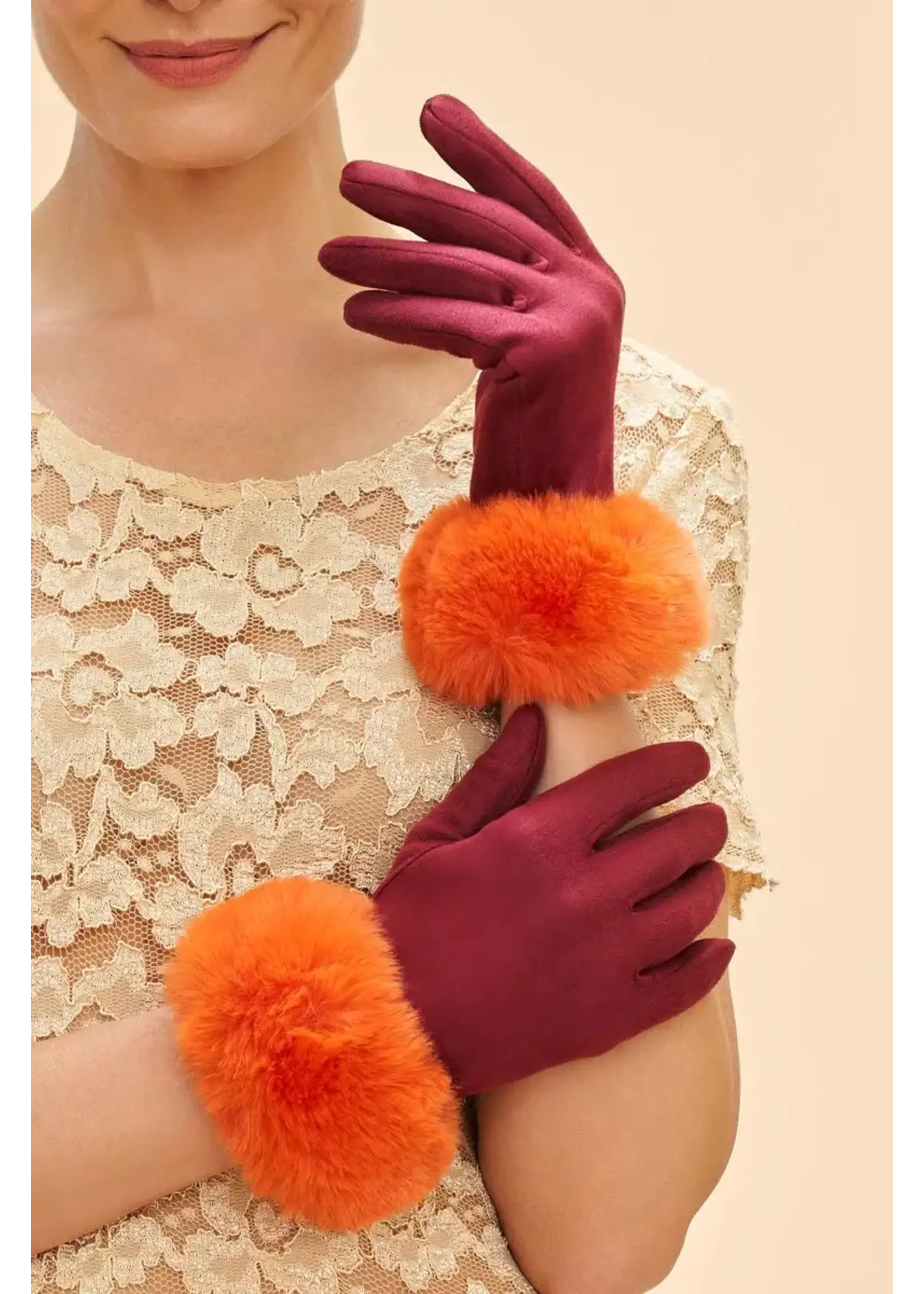 Powder UK Powder Bettina Sueded & Fur Gloves -  Burgundy/Tangerine