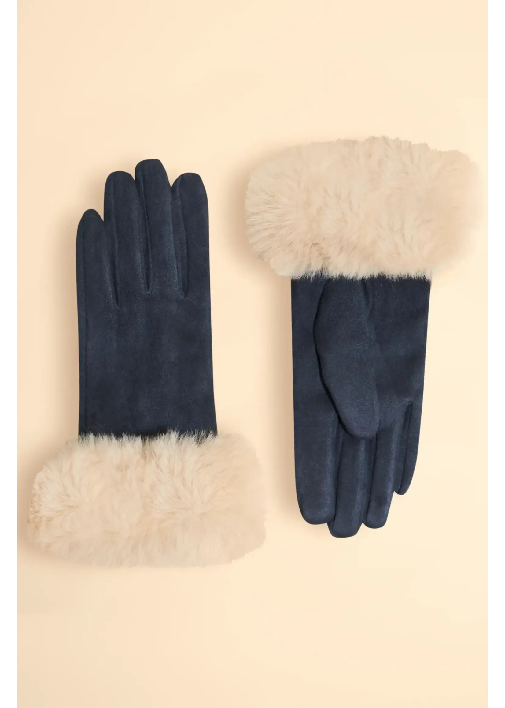 Powder UK Powder Bettina Sueded & Fur Gloves -  Navy/Cream