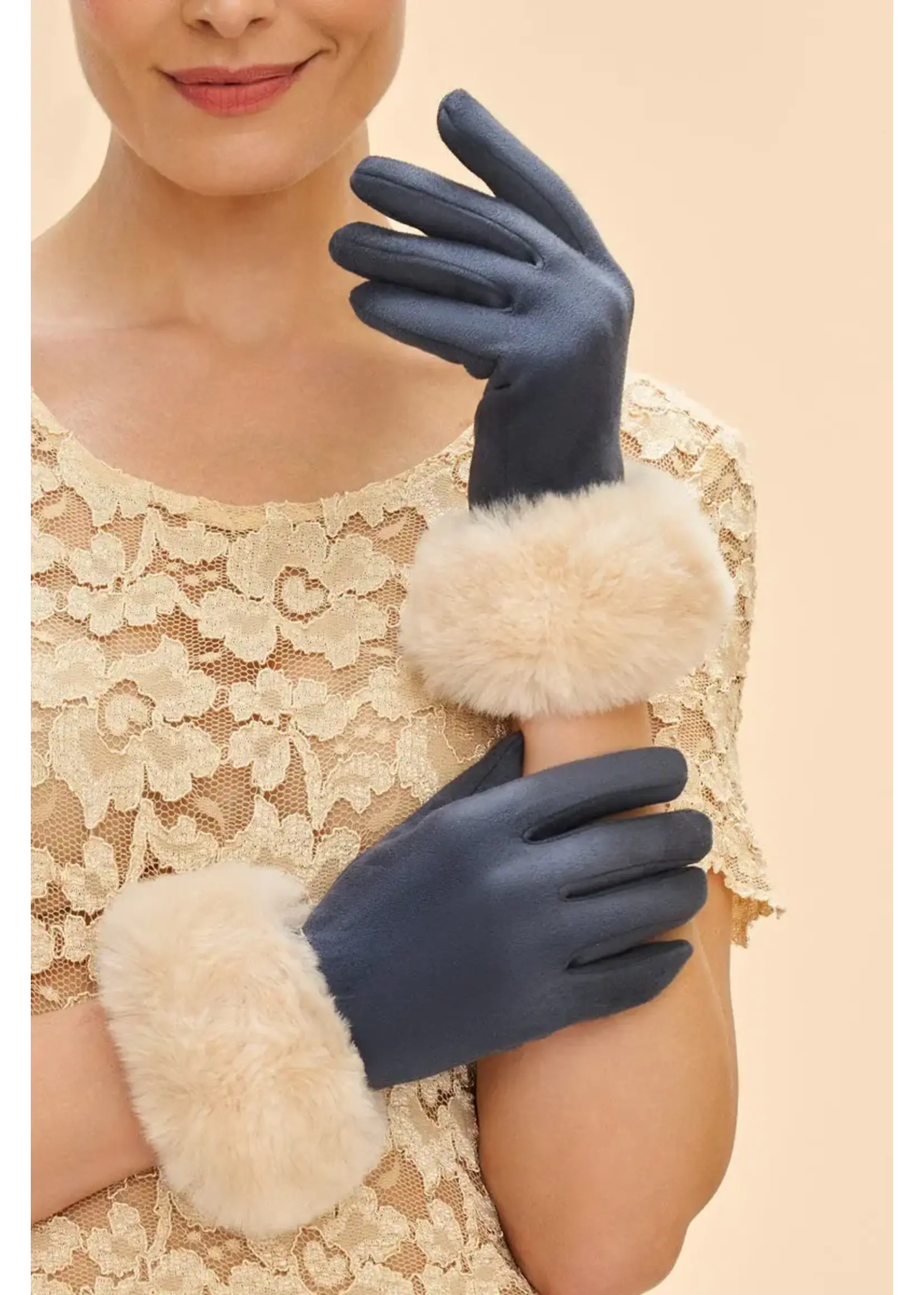 Powder UK Powder Bettina Sueded & Fur Gloves -  Navy/Cream