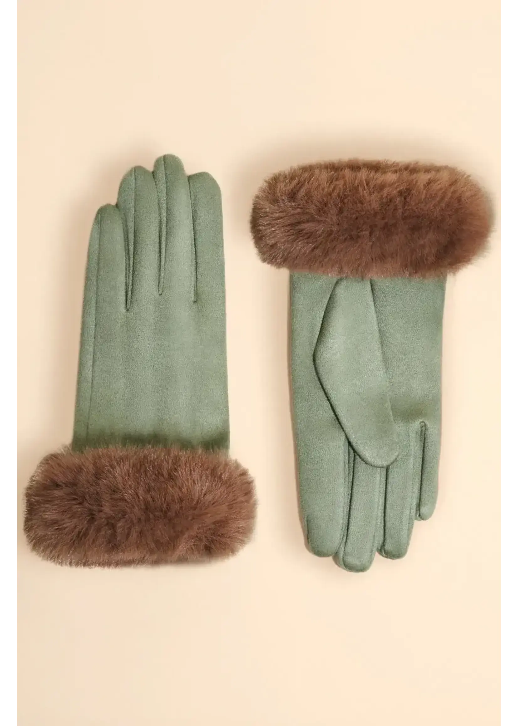 Powder UK Powder Bettina Sueded & Fur Gloves -  Sage/Teddy