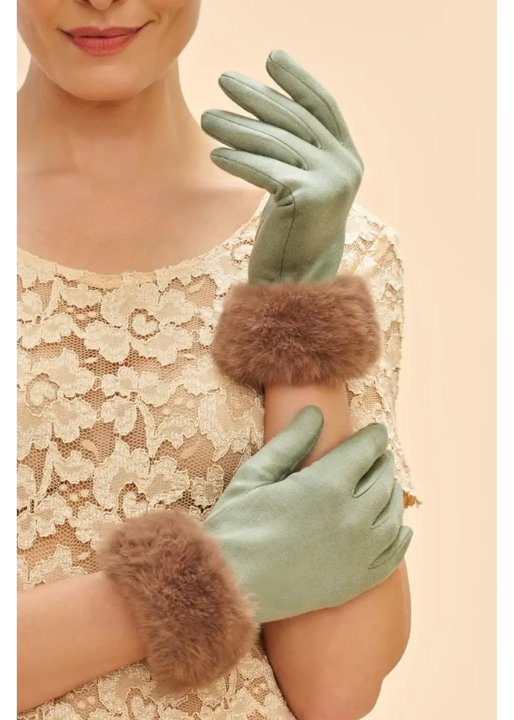 Powder UK Powder Bettina Sueded & Fur Gloves -  Sage/Teddy
