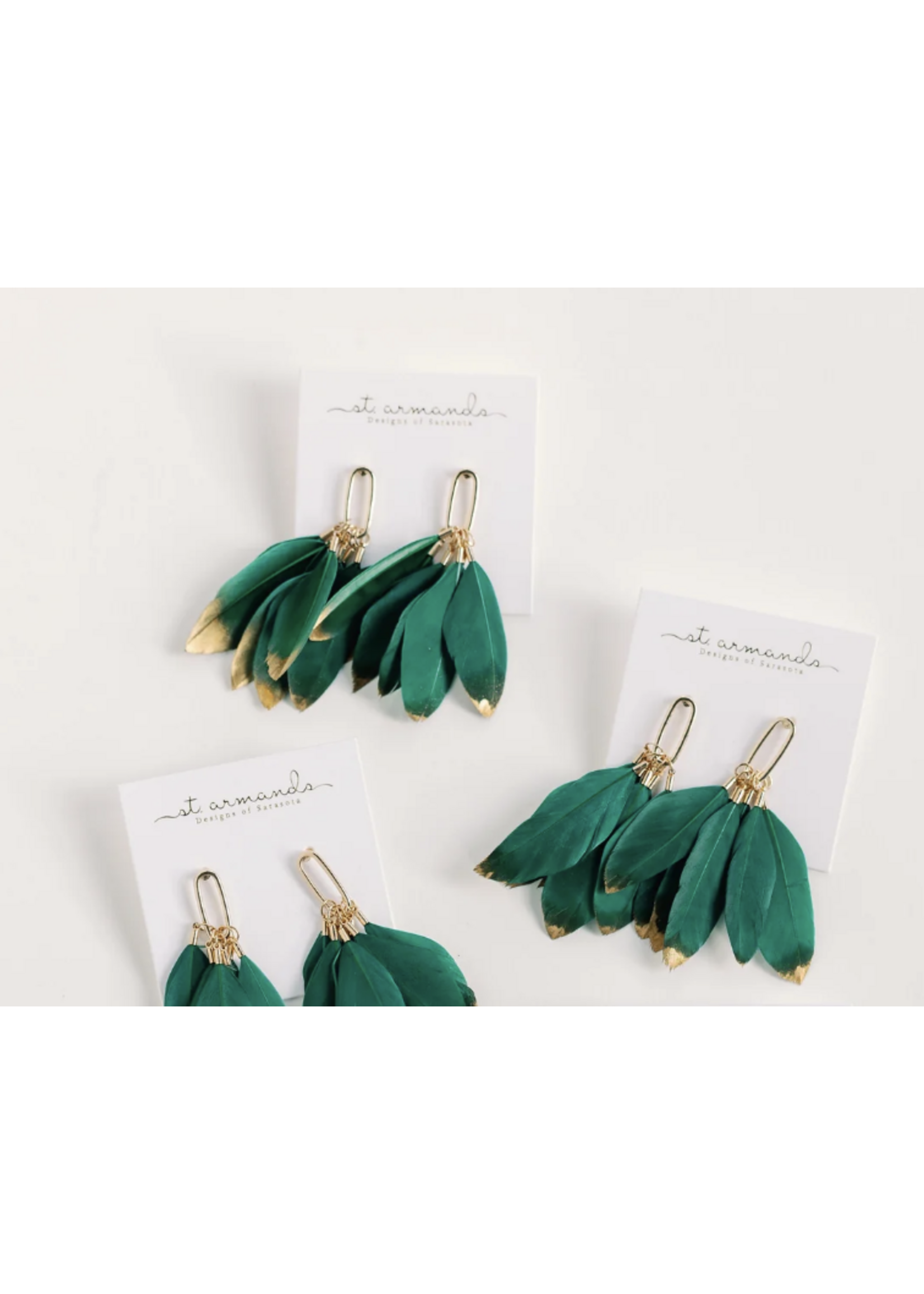 St, Armands of Sarasota Emerald & Gold dipped Feather Tassel earrings