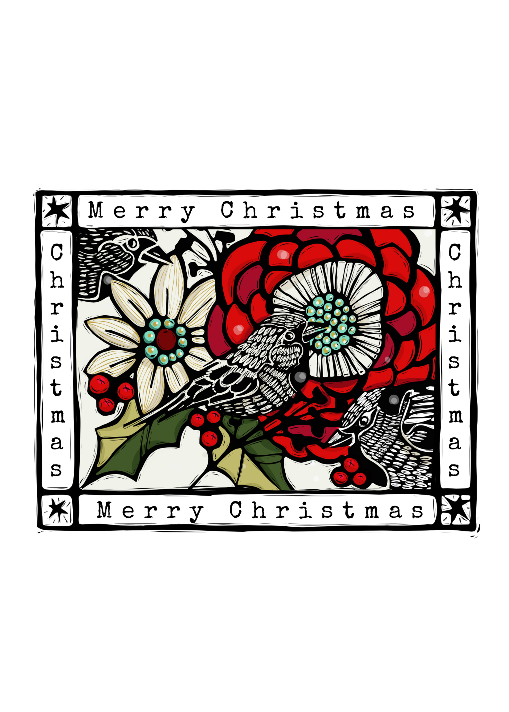 Newfolk & Cabin Merry Christmas -3 Birds  Folkstyle Holiday Card