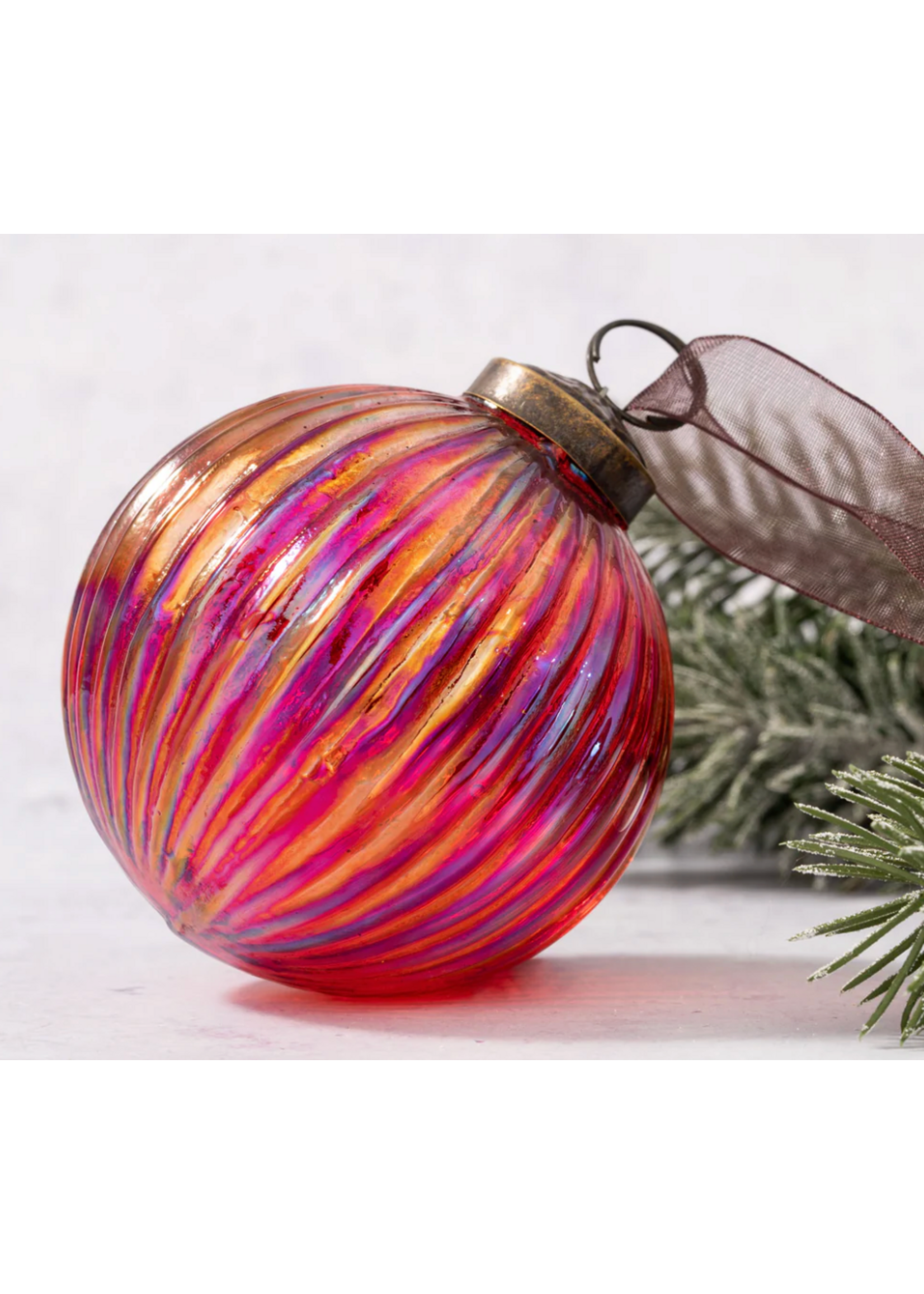 Bollywood 4" Red Rainbow Glass Ribbed Ball Ornament - extra large