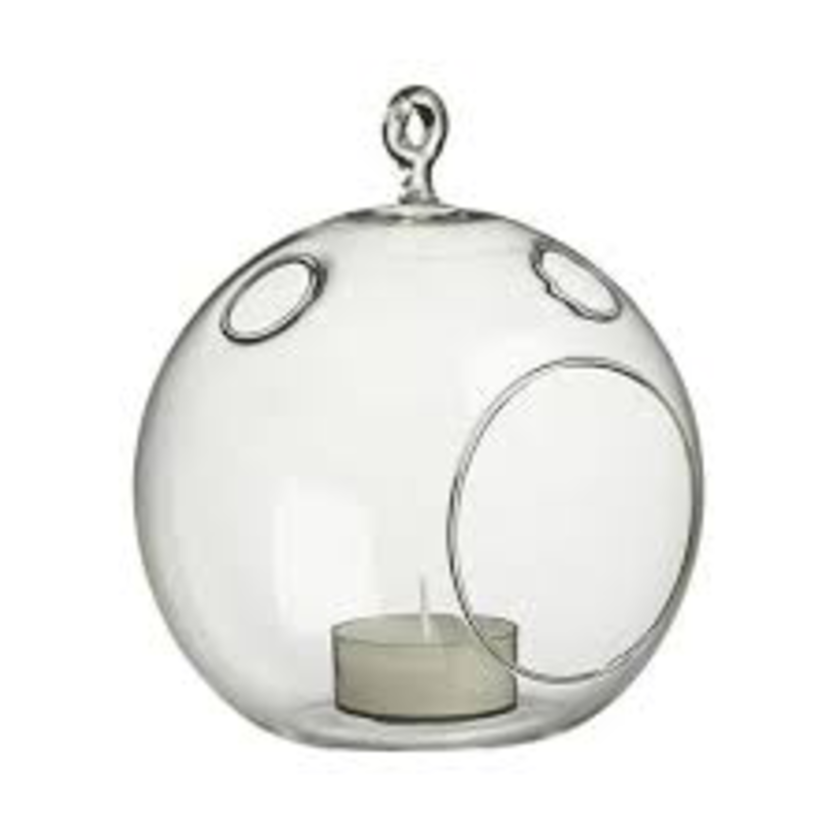 Clear Round Hanging Votive Candle Holder / Vase. Width: 7.5" Height: 9" Open: 3.5"