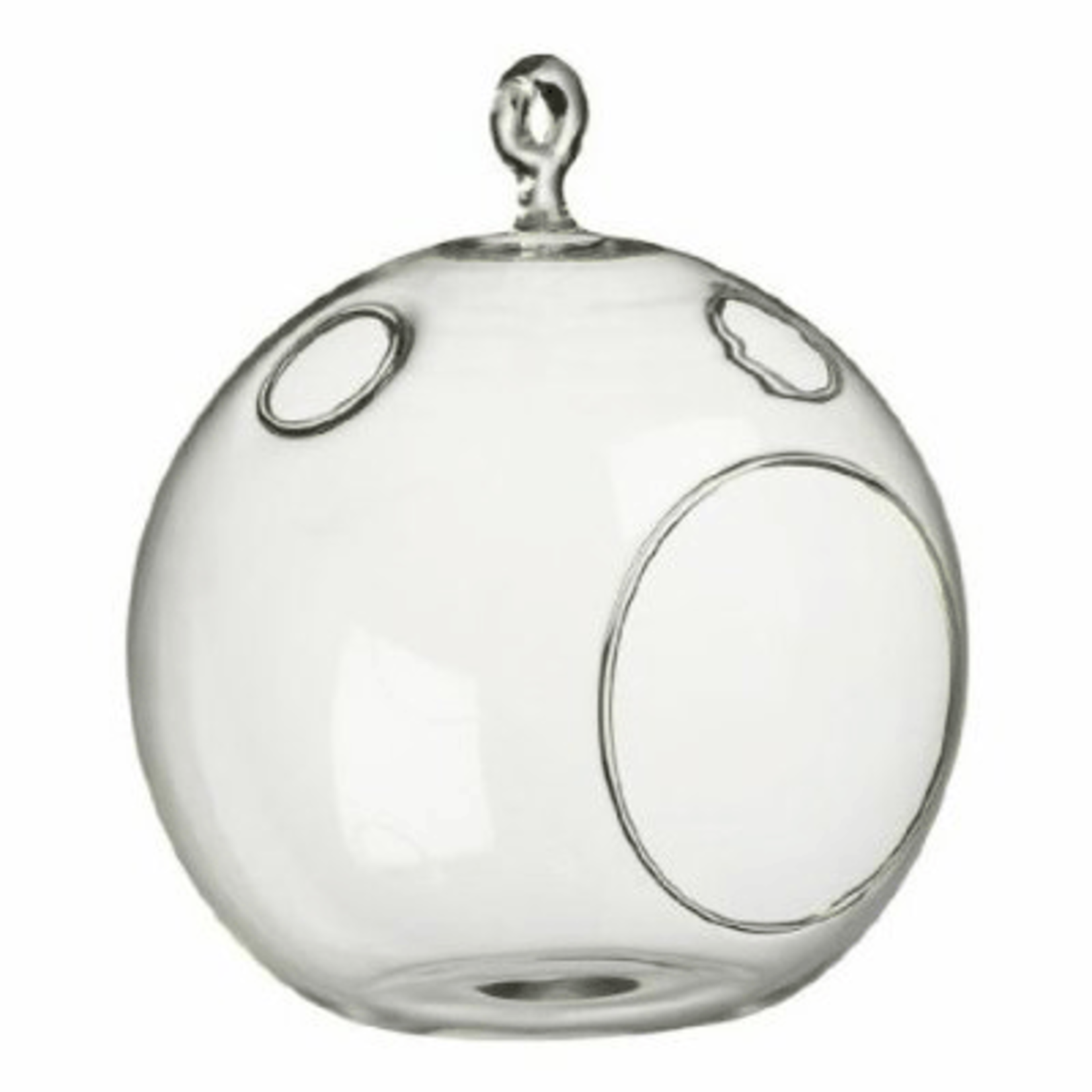 Clear Round Hanging Votive Candle Holder / Vase. Width: 7". Height: 8". Open: 4"