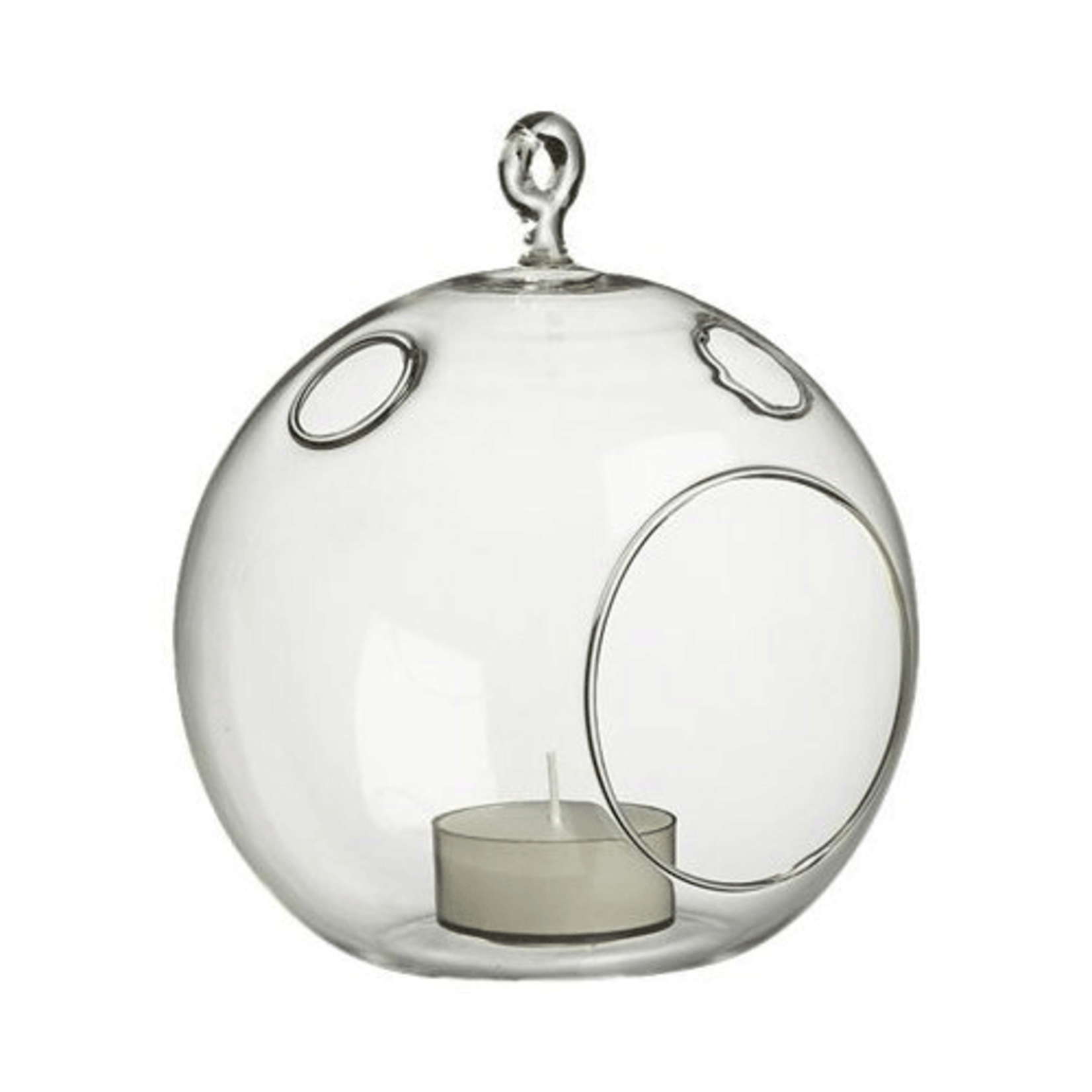 Width: 5" Height: 6". Open: 3". Clear Round Hanging Votive Candle Holder / Vase.