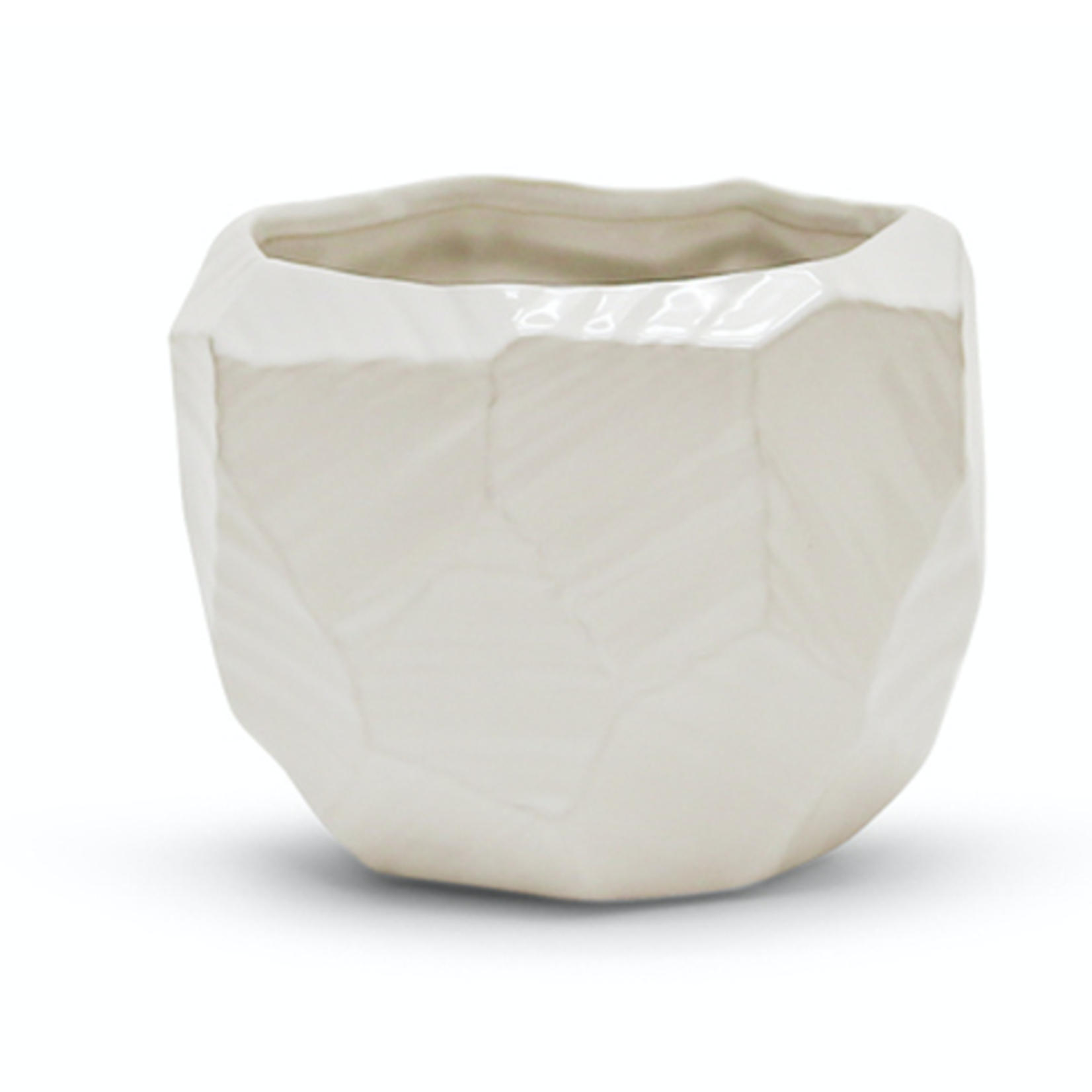 H-5.25" D-7"x6.75" Open-5.5"  WHITE GLOSSY GEOMETRIC CERAMIC