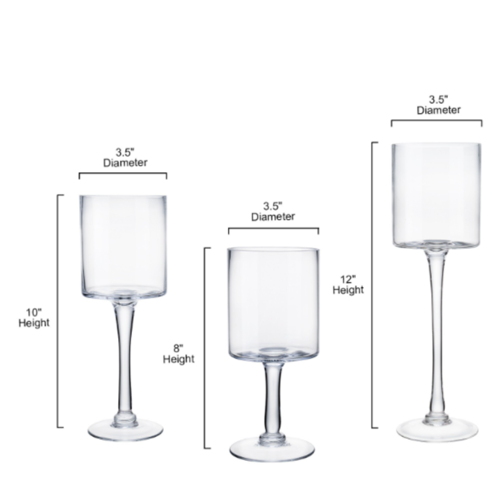 H:12"/10"/8" D:3.5" HURRICANE STEM CANDLE HOLDER VASE (SOLD BY THE SET OF 3)